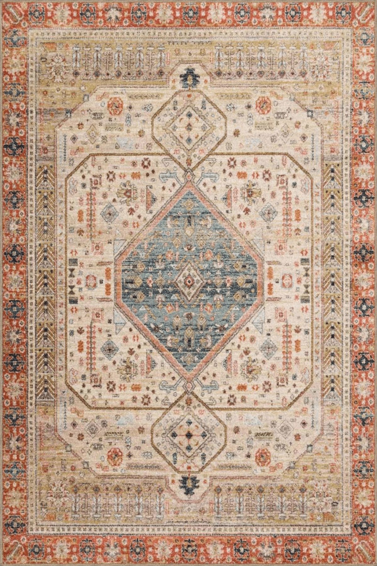 Bej Temalı Geleneksel Motif Desenli Vintage Dekoratif Halı 4773