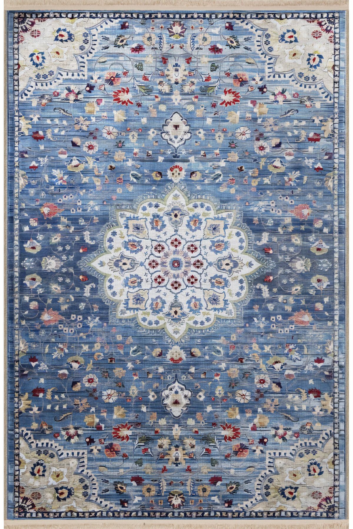 Mavi Temalı Geleneksel Motif Etnik Çiçek Desenli Kreatif Vintage Dekoratif Halı 2418