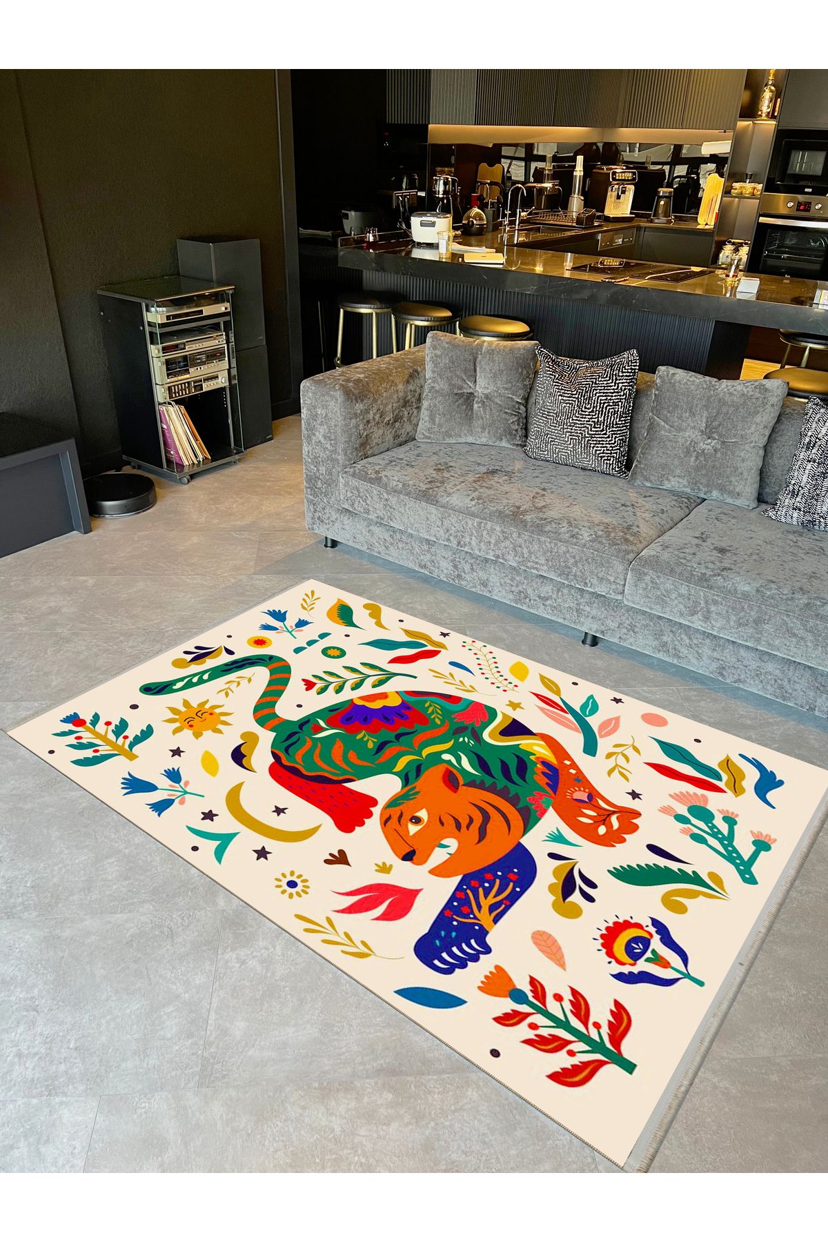 Özge Koleksiyonu Çok Renkli Güneş Kaplan Çiçek Desenli Dokuma Taban Modern Dekoratif Halı özge51