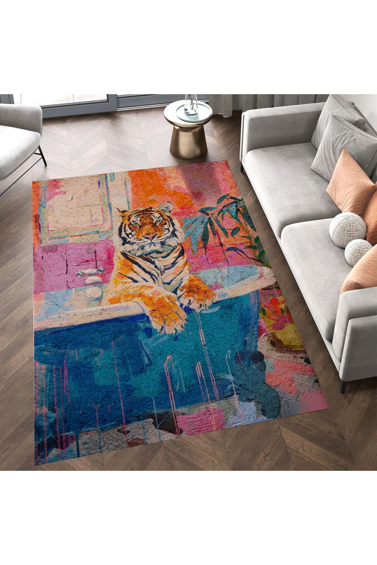 Kuzey Koleksiyonu Mavi Küvette Kaplan Desenli Dokuma Taban Dekoratif Halı kuzey41