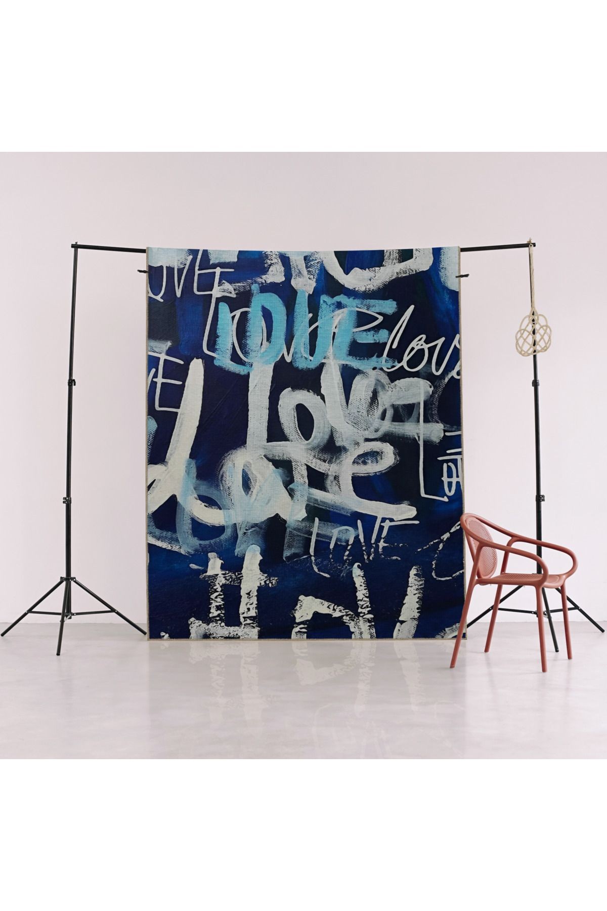 Lacivert Temalı Love Yazı Desenli Kreatif Modern Dekoratif Halı 2175
