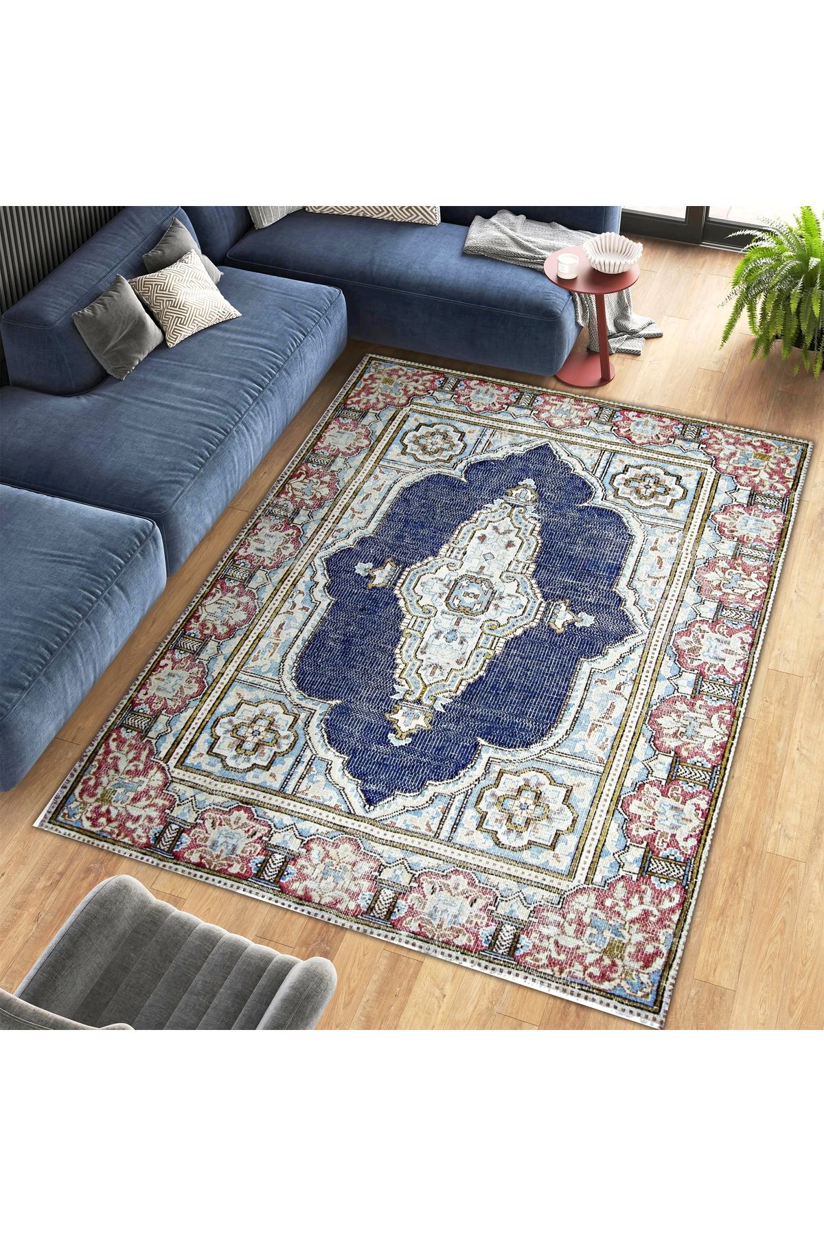 Asena Koleksiyonu Lacivert ve Krem Temalı Geleneksel Desenli Vintage Dekoratif Halı 04