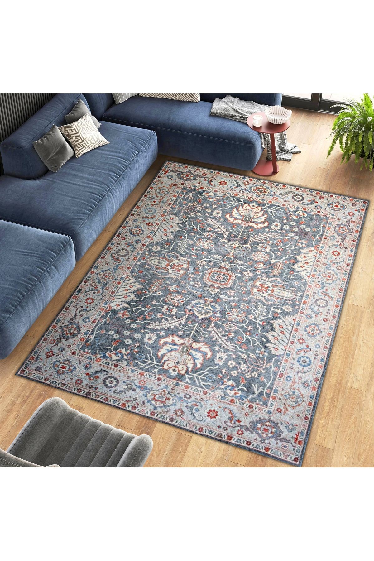 Mete Koleksiyonu Gri Bej Temalı Geleneksel Motifler ve Çiçek Desenli Vintage Dekoratif Halı 38