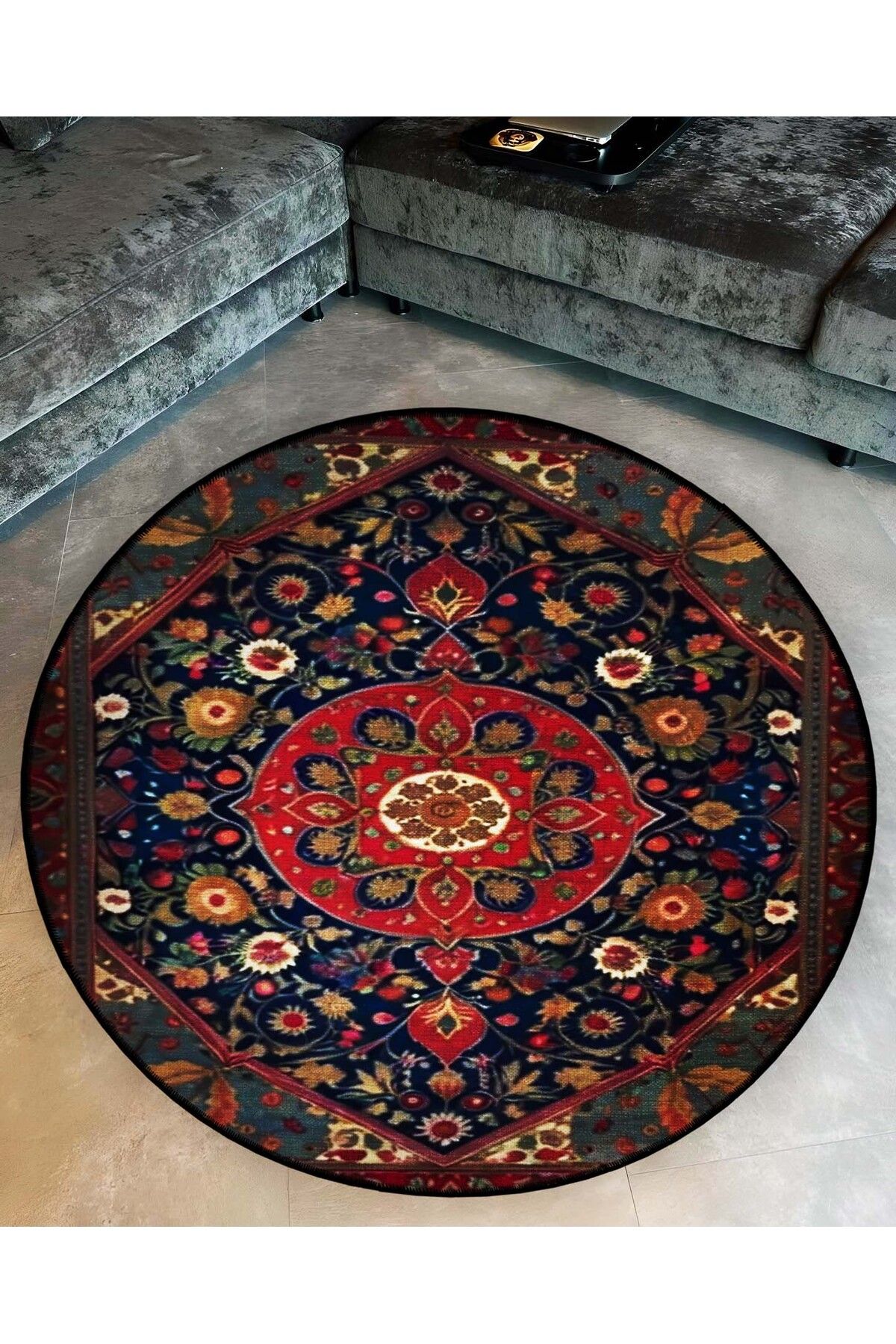 Lacivert Bordo Temalı Geleneksel Desenli Yuvarlak Dokuma Taban Vintage Dekoratif Halı 6214