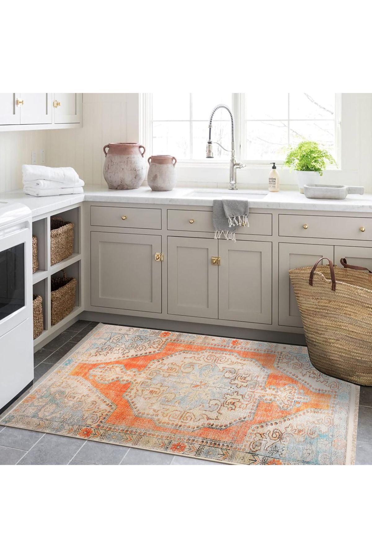 Asya Koleksiyonu Eskitme Görünümlü Turuncu Turkuaz Detaylı Dokuma Taban Modern Dekoratif Halı asya37