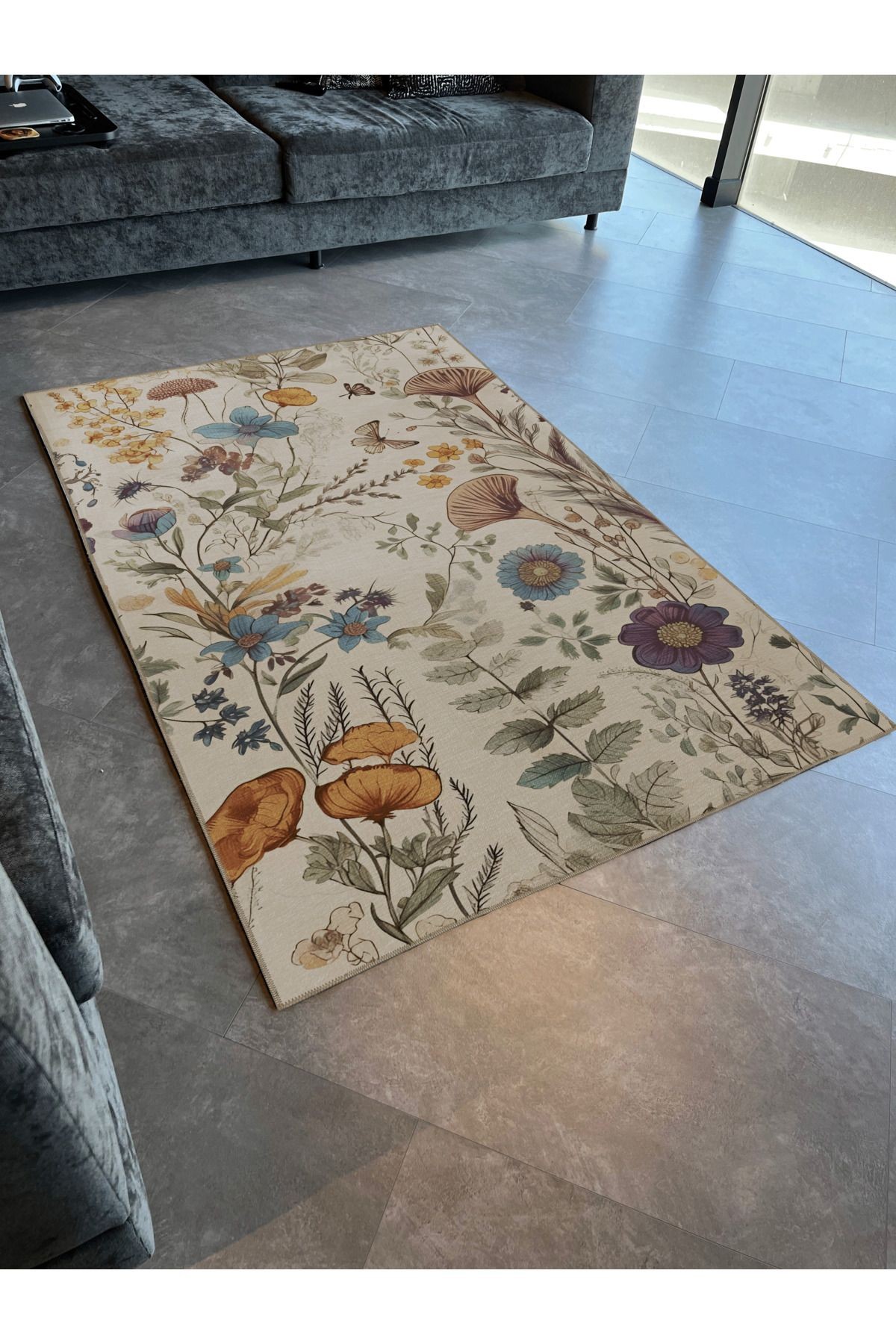 Doğa Temalı Çok Renkli Çiçek Yaprak Desenli Kreatif Modern Dekoratif Halı 2309
