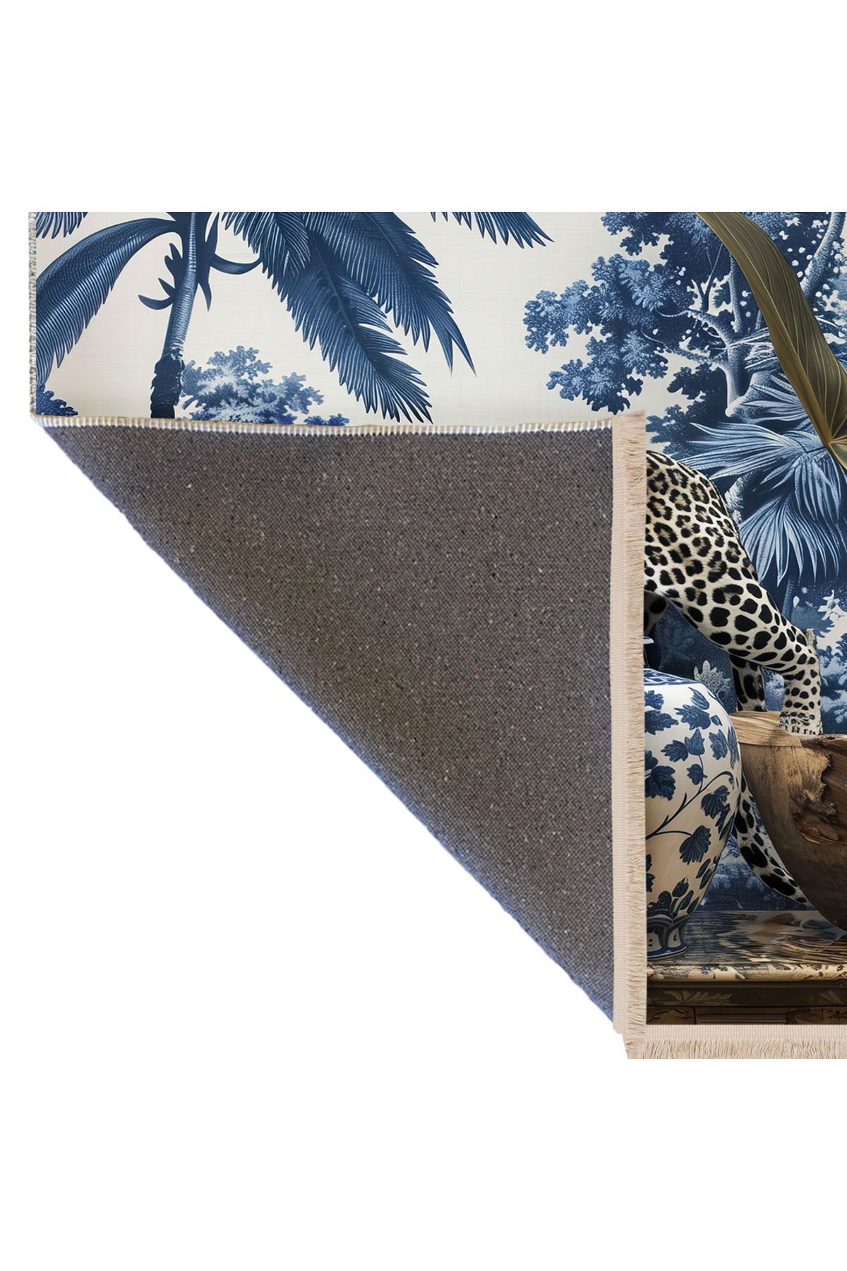 Paris Koleksiyonu Blue Blanc Palmiye Detaylı Kaplan ve Vazo Desenli Modern Dekoratif Halı paris29