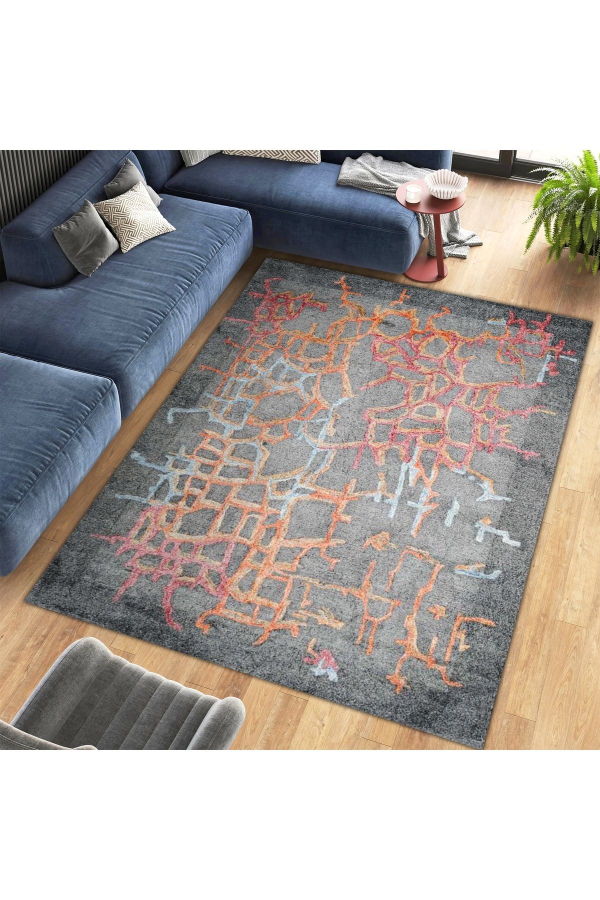 Aysu Koleksiyonu Gri Soyut Renkli Desenli Dokuma Taban Modern Dekoratif Halı aysu46