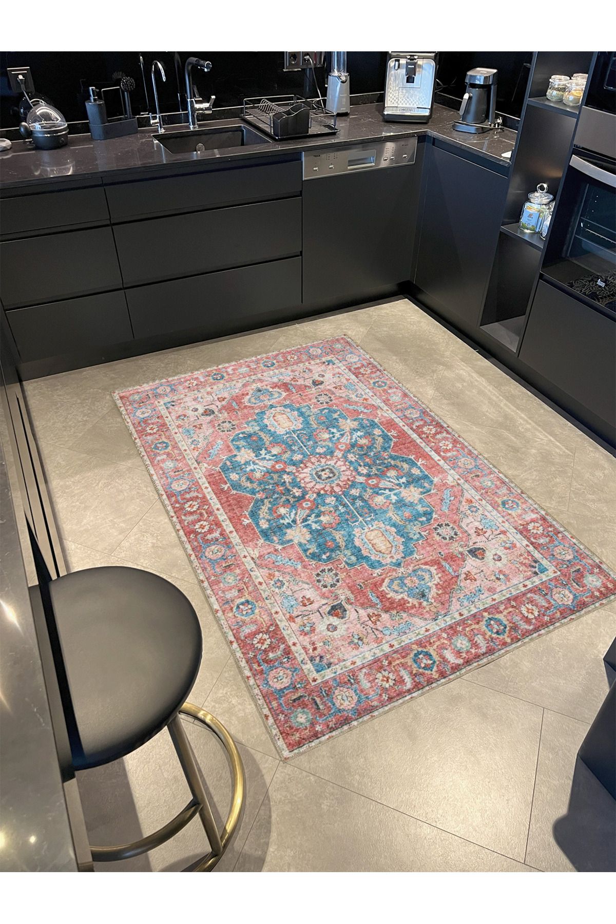 Mavi Kırmızı Temalı Geleneksel Motif Etnik Desenli Vintage Dekoratif Halı 4784