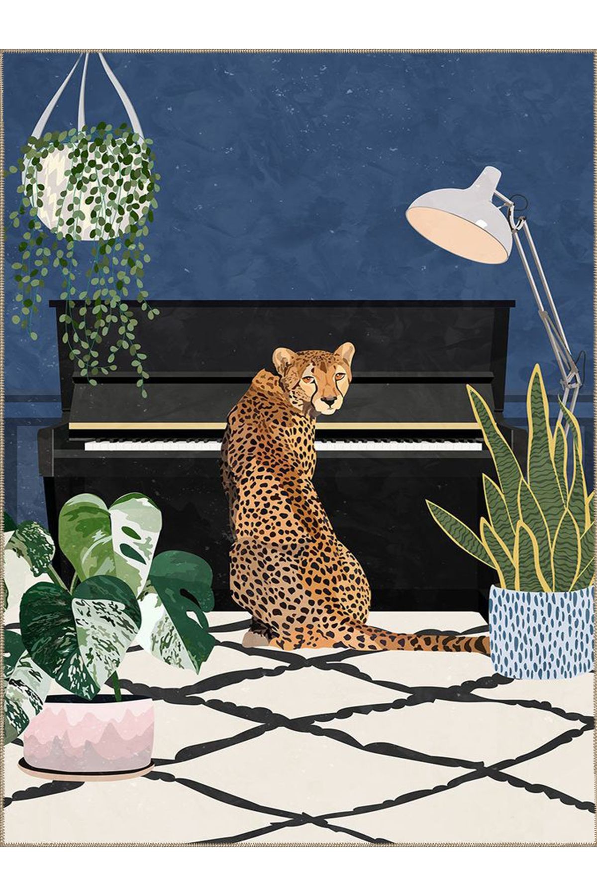Buse Koleksiyonu Piyano ve Leopar Desenli Dokuma Taban Modern Dekoratif Halı buse16