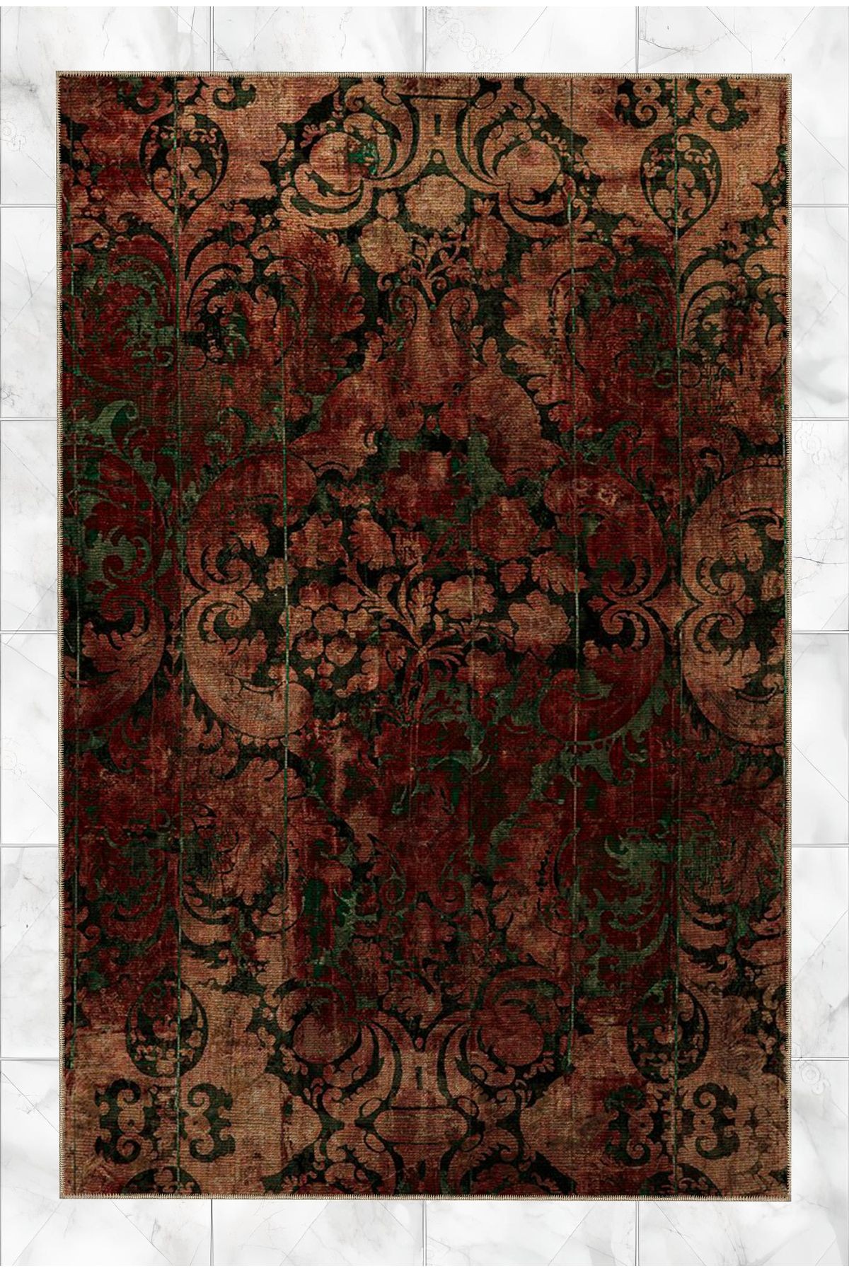 Bej ve Bordo Temalı Geleneksel Motif Desenli Vintage Dekoratif Halı 5162