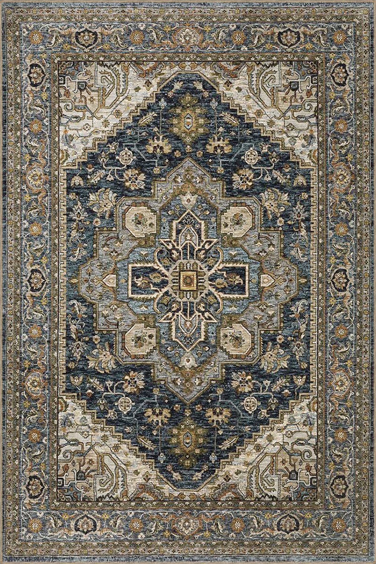 Lacivert Temalı Çok Renkli Geleneksel Motif Desenli Vintage Dekoratif Halı 4584