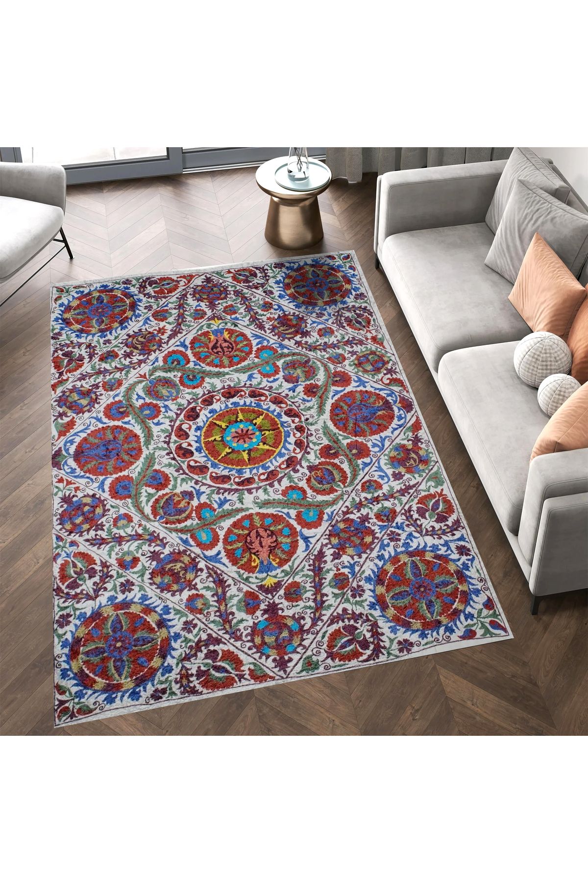 Mete Koleksiyonu Çok Renkli Floral Çiçek Motifleri Desenli Vintage Dekoratif Halı 39