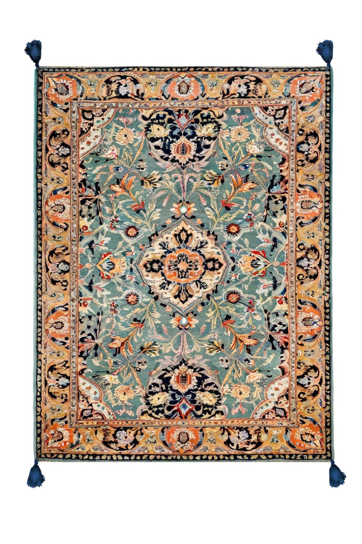 Tokyo Koleksiyonu Turkuaz Ton Etnik Motifli ve Floral Desenli Dokuma Taban Vintage Dekoratif Halı 14