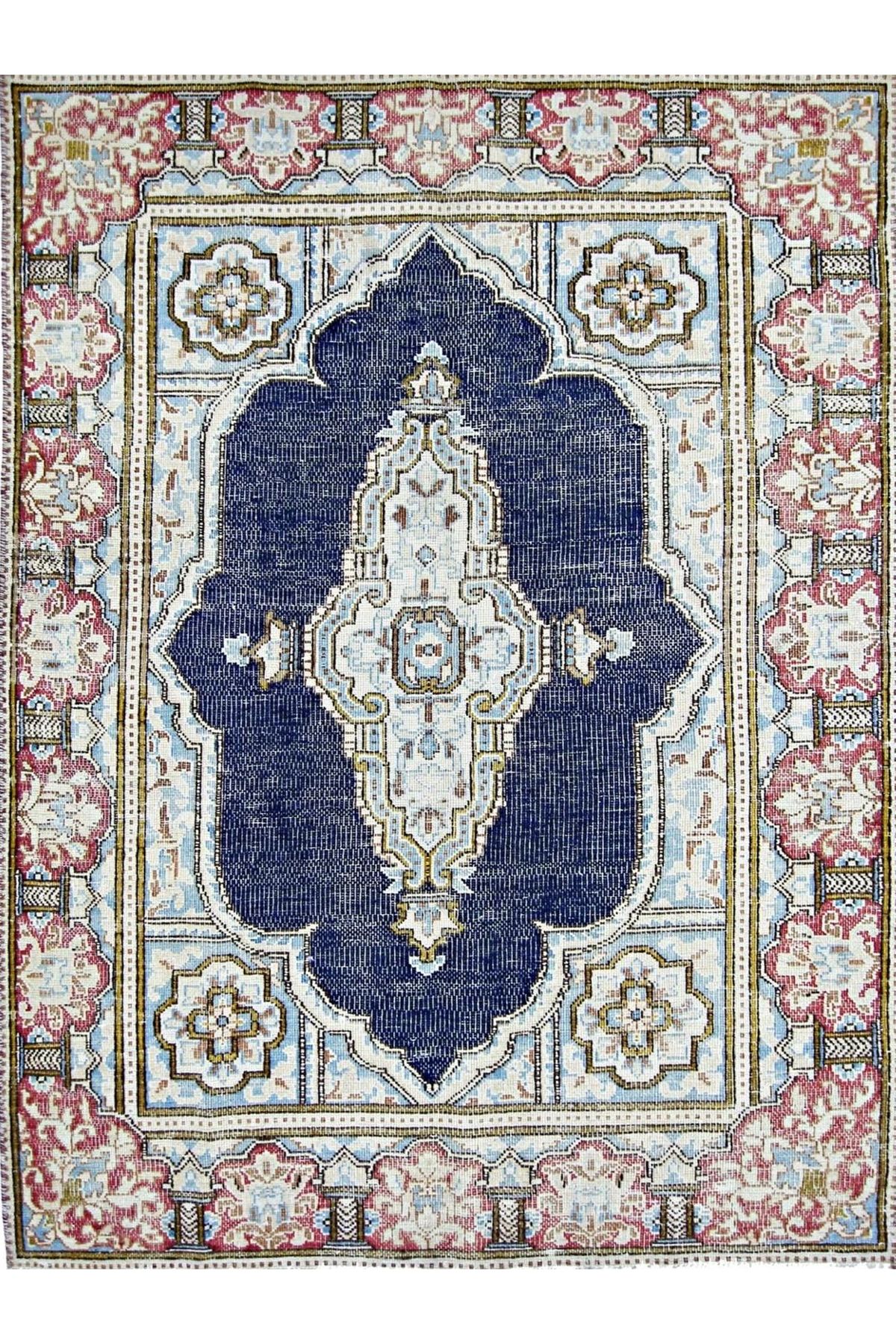 Asena Koleksiyonu Lacivert ve Krem Temalı Geleneksel Desenli Vintage Dekoratif Halı 04