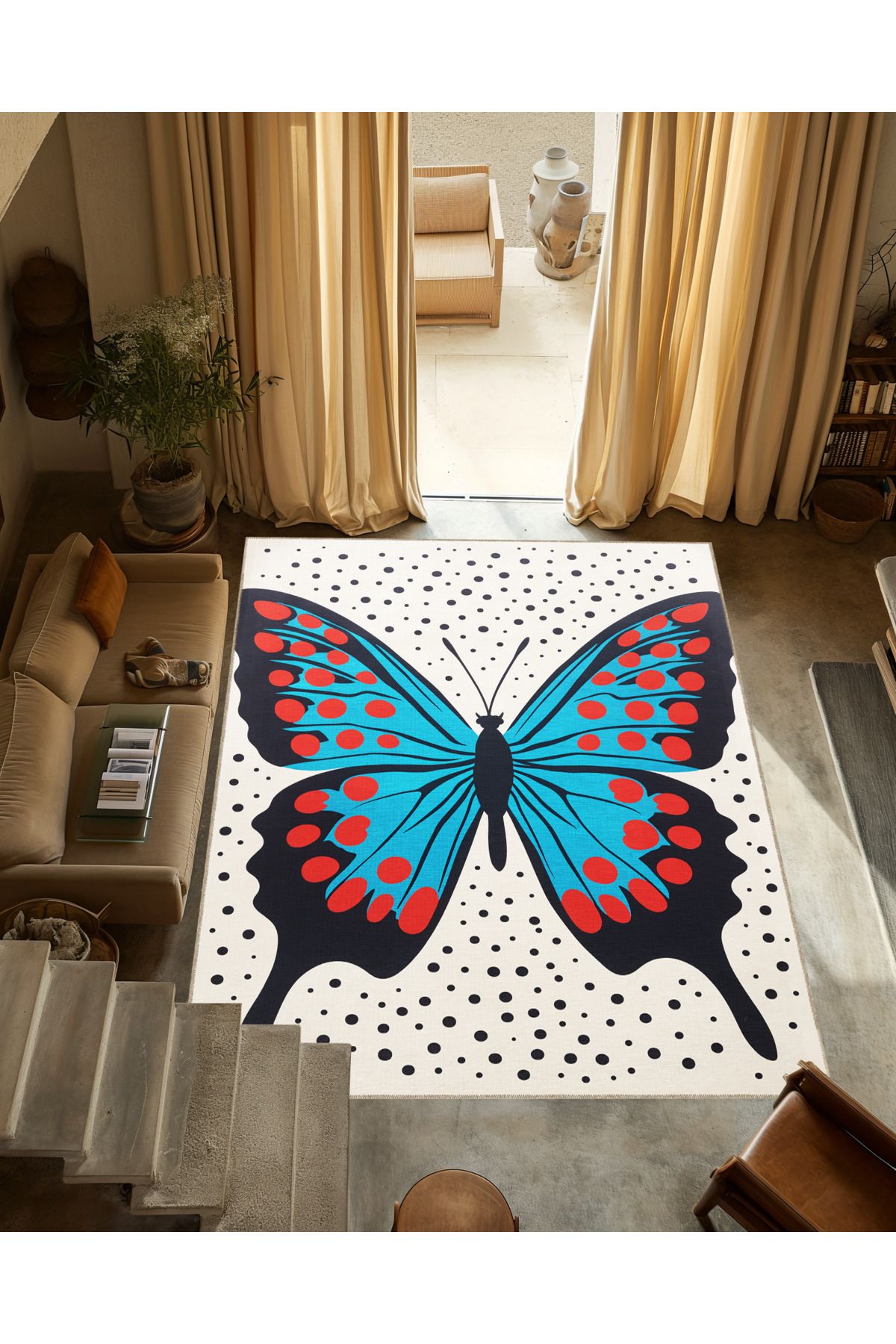 Dido 2 Koleksiyonu Mavi Bej Temalı Kelebek Desenli Kreatif Modern Dekoratif Halı 3240