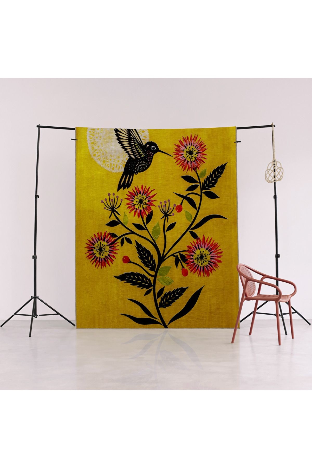 Sarı Temalı Gün Doğumu ve Çiçek Desenli Kreatif Modern Dekoratif Halı 2154