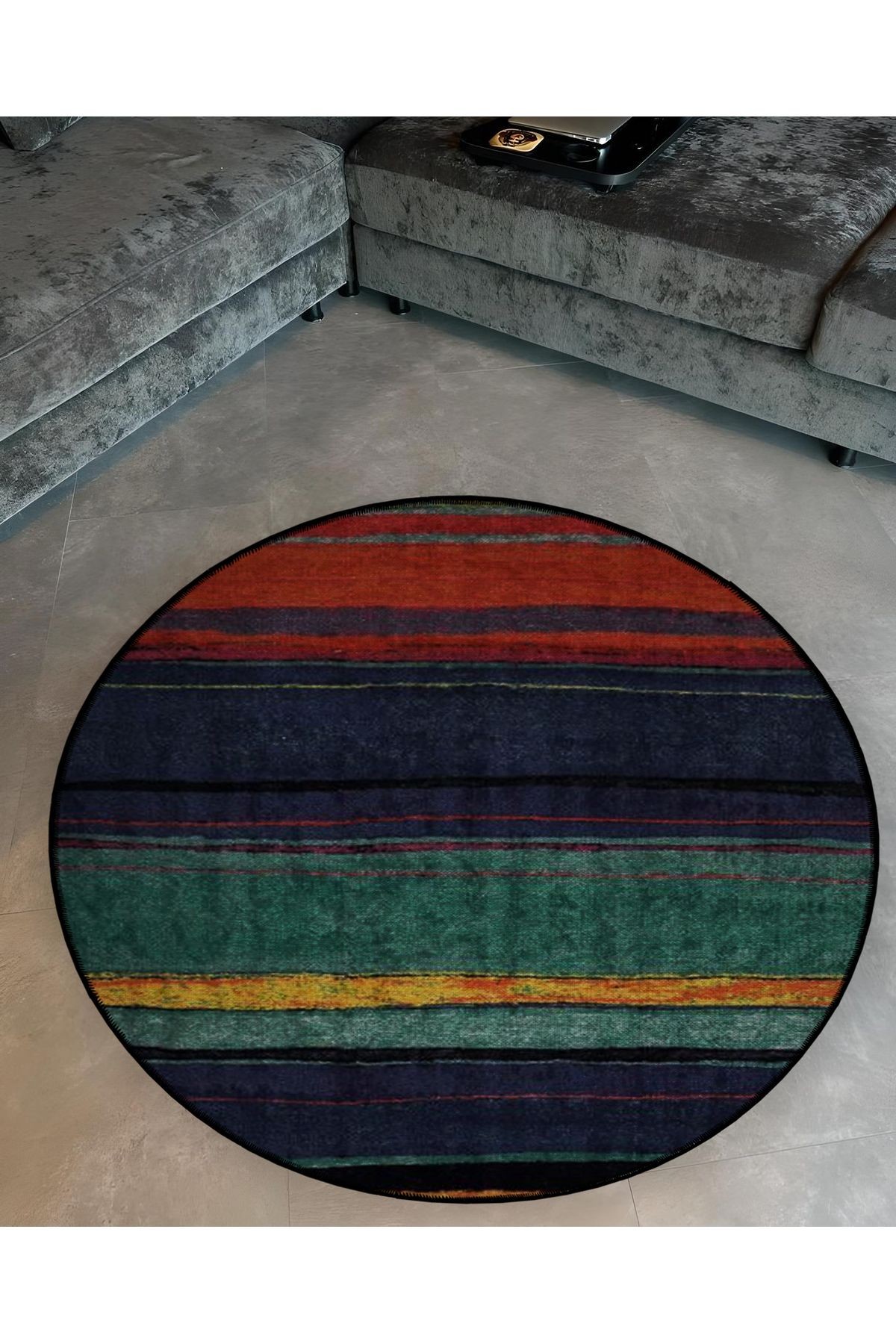 Çok Renkli Çizgli Desenli Yuvarlak Dokuma Taban Modern Dekoratif Halı 6129