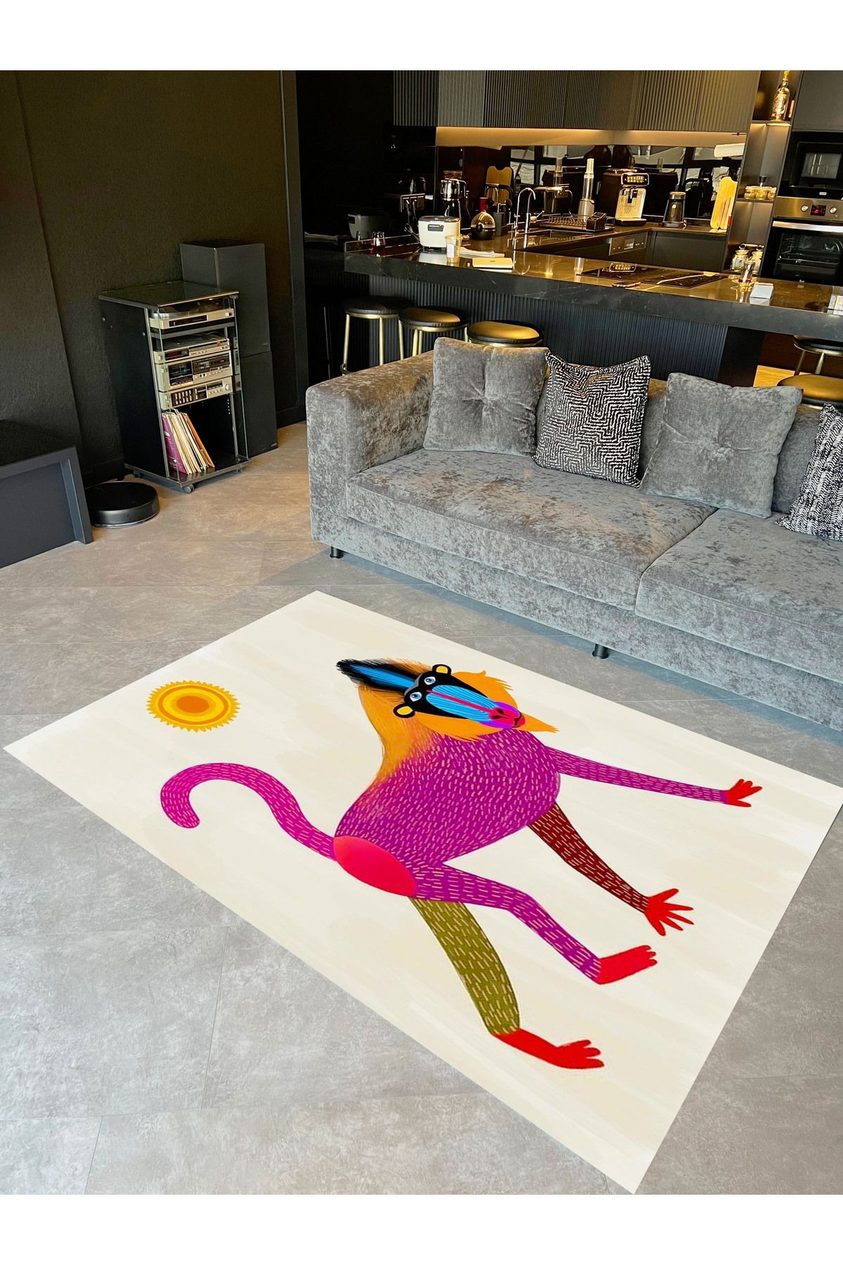 Ebru Koleksiyonu Güneş ve Çok Renkli Maymun Desenli Dokuma Taban Modern Dekoratif Halı ebru18