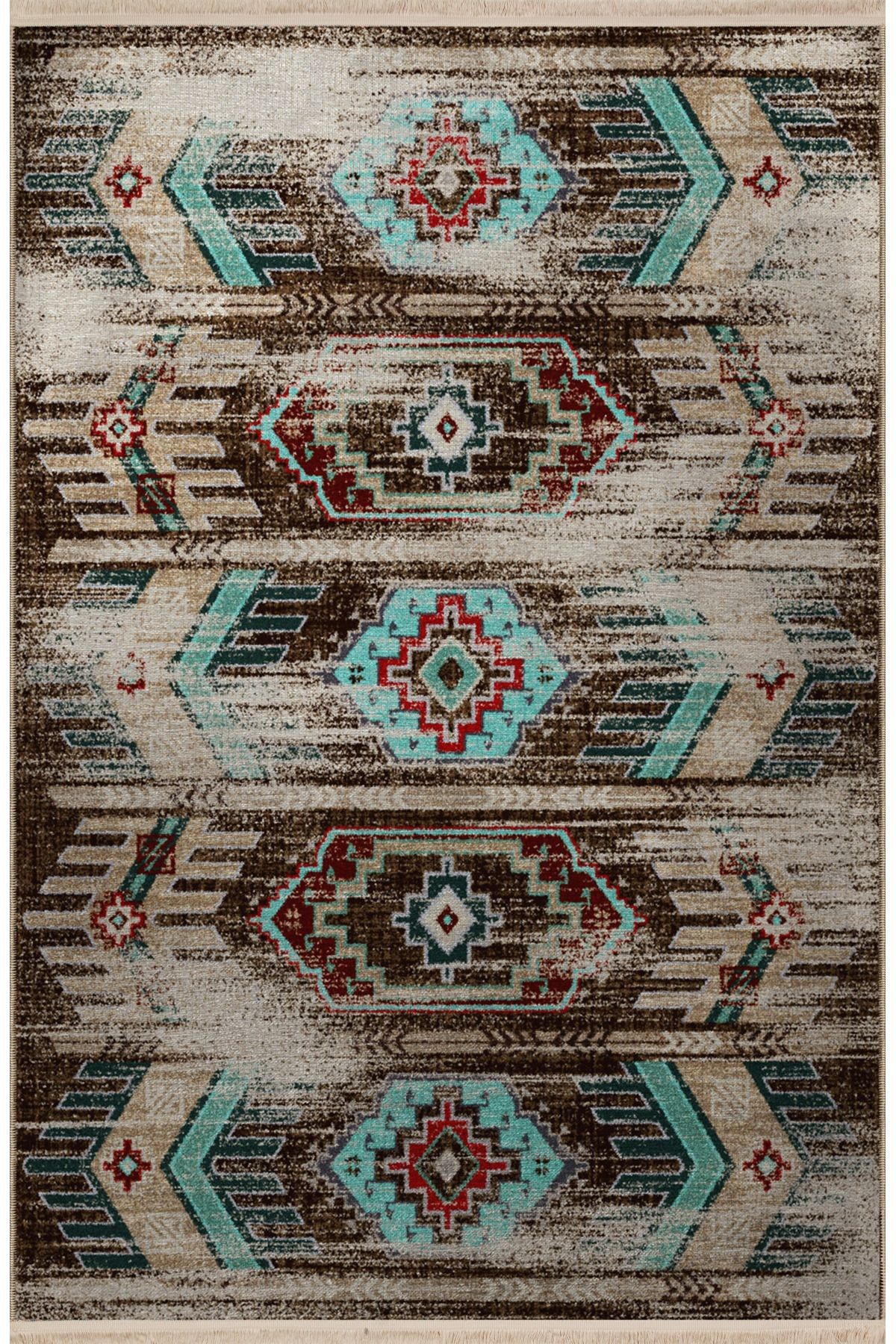 Turkuaz Kahve Temalı Geleneksel Motif Desenli Saçaklı Vintage Dekoratif Halı 3084