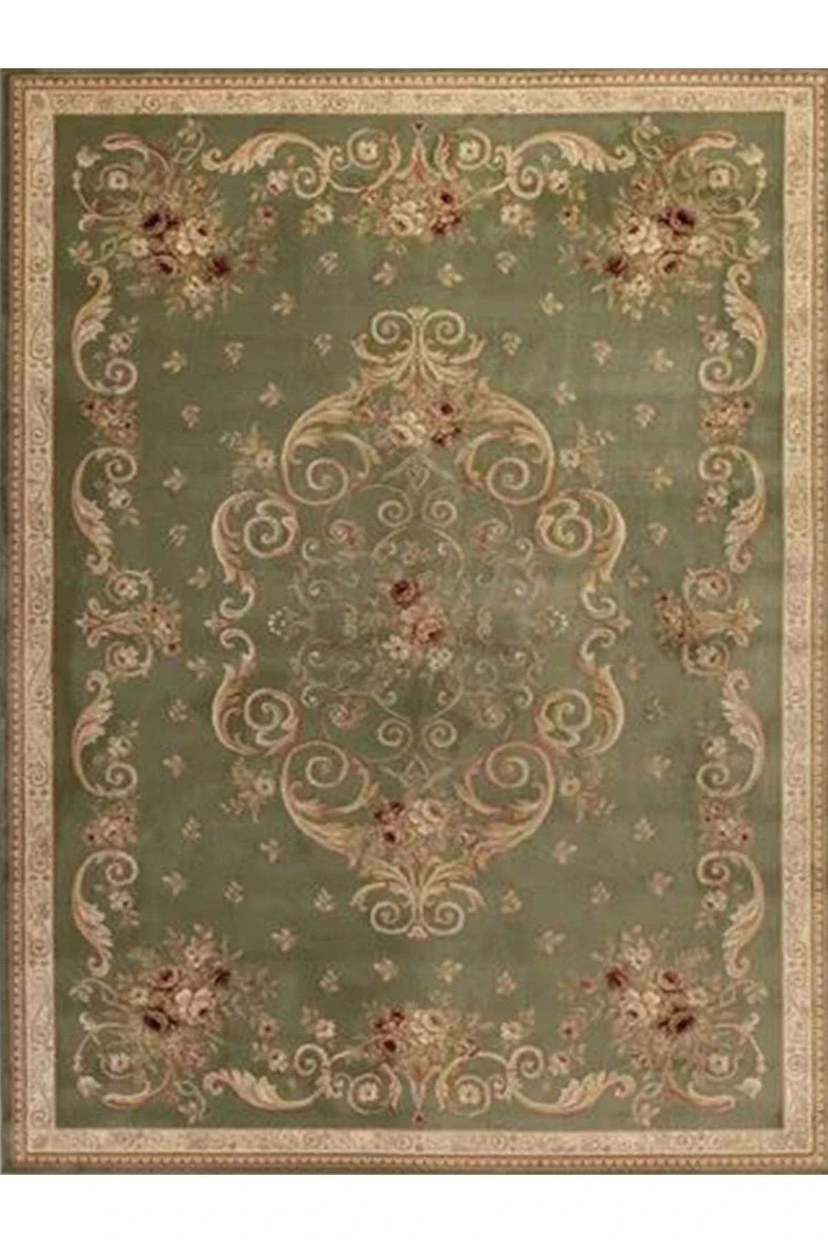 İnci Koleksiyonu Yeşil ve Bej Tema Etnik Motif Desenli Dokuma Taban Vintage Dekoratif Halı inci27