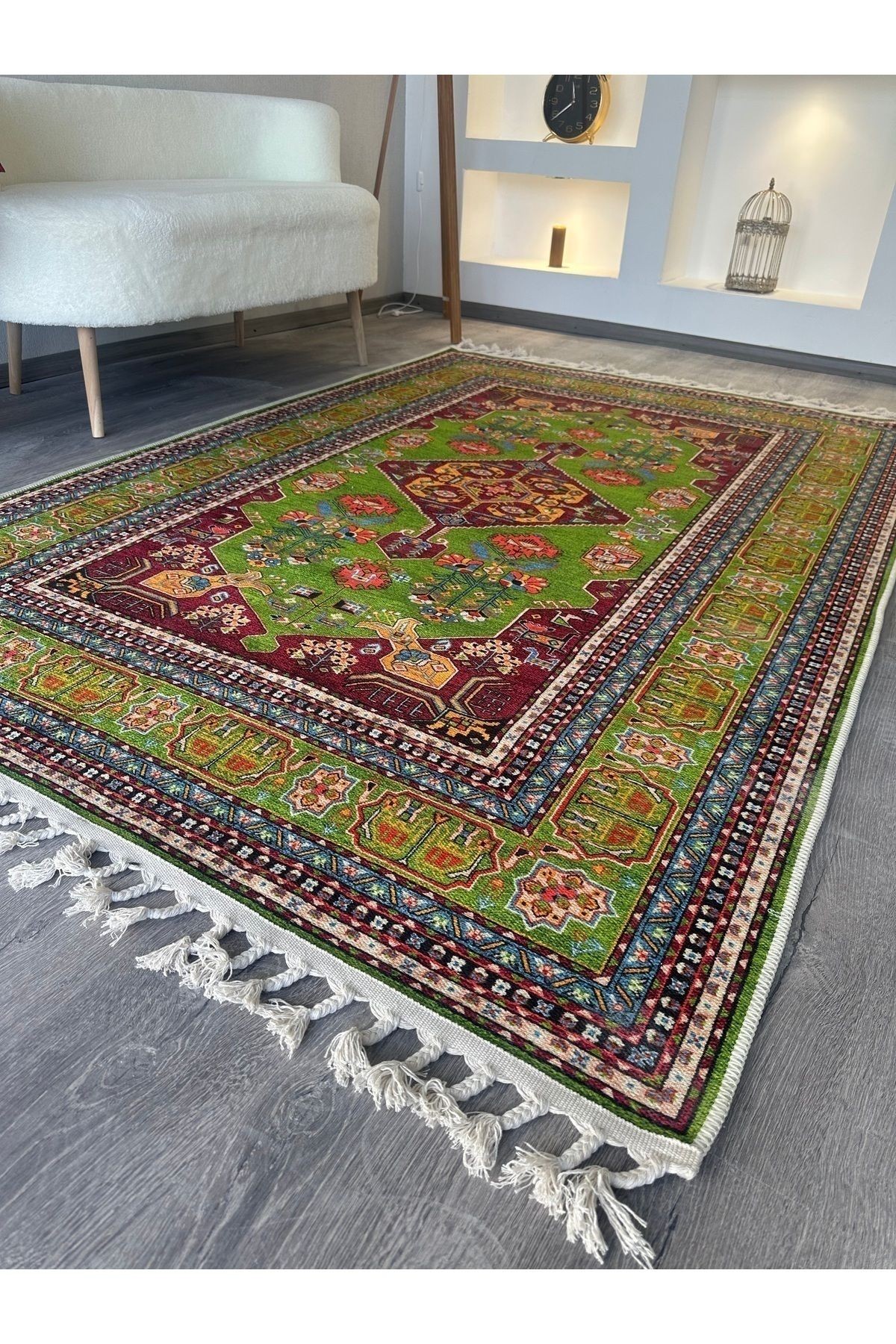Opal Yeşil Antik Desenli Püskül Detaylı Dokuma Taban Modern Dekoratif Halı opal04
