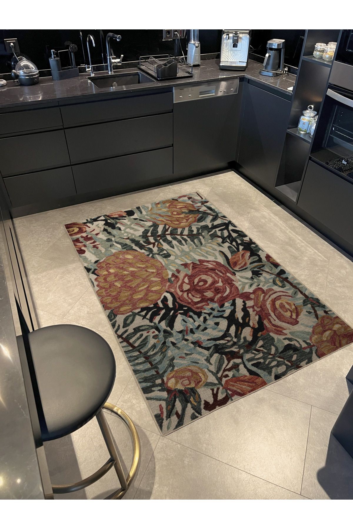 Çok Renkli Yaprak ve Çiçek Gül Desenli Kreatif Modern Dekoratif Halı 3013