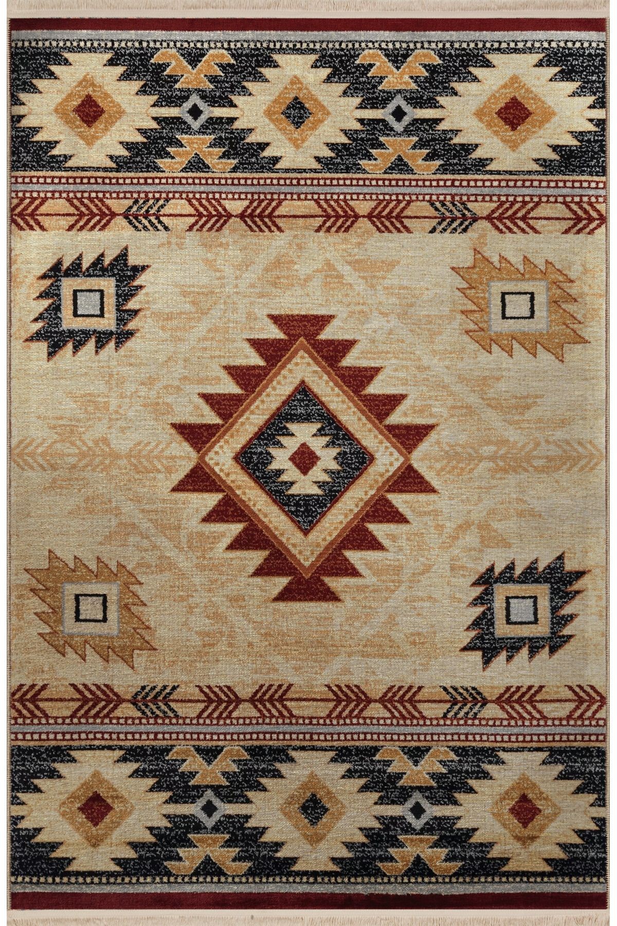 Bej Temalı Geleneksel Motif Desenli Saçaklı Vintage Dekoratif Halı 3080