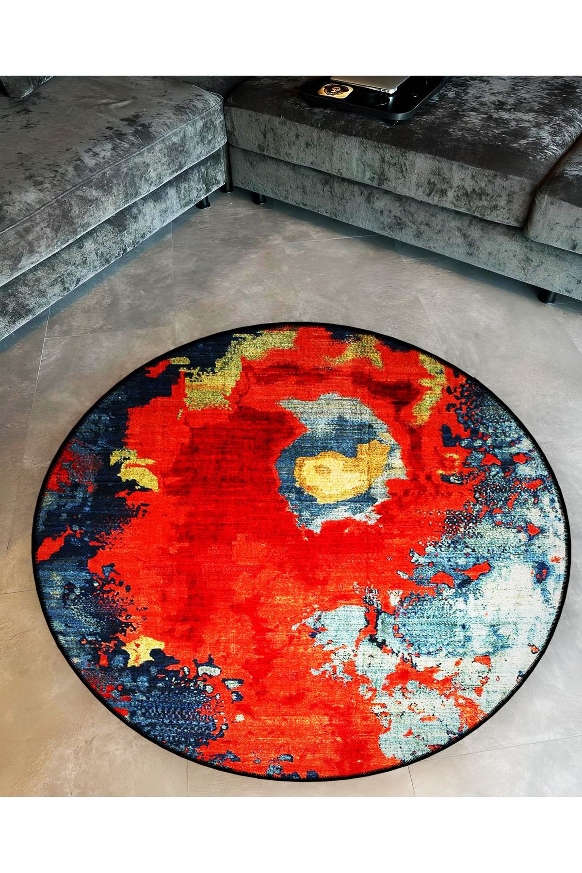 Kırmızı Temalı Soyut Abstract Desenli Yuvarlak Dokuma Taban Modern Dekoratif Halı 6185