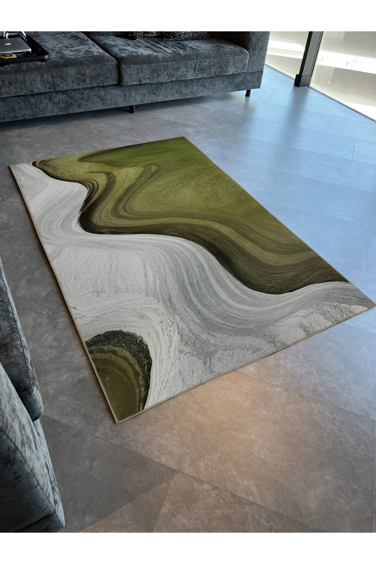 Gri Yeşil Temalı Sürrealist Dalga Desenli Modern Dekoratif Halı 1992