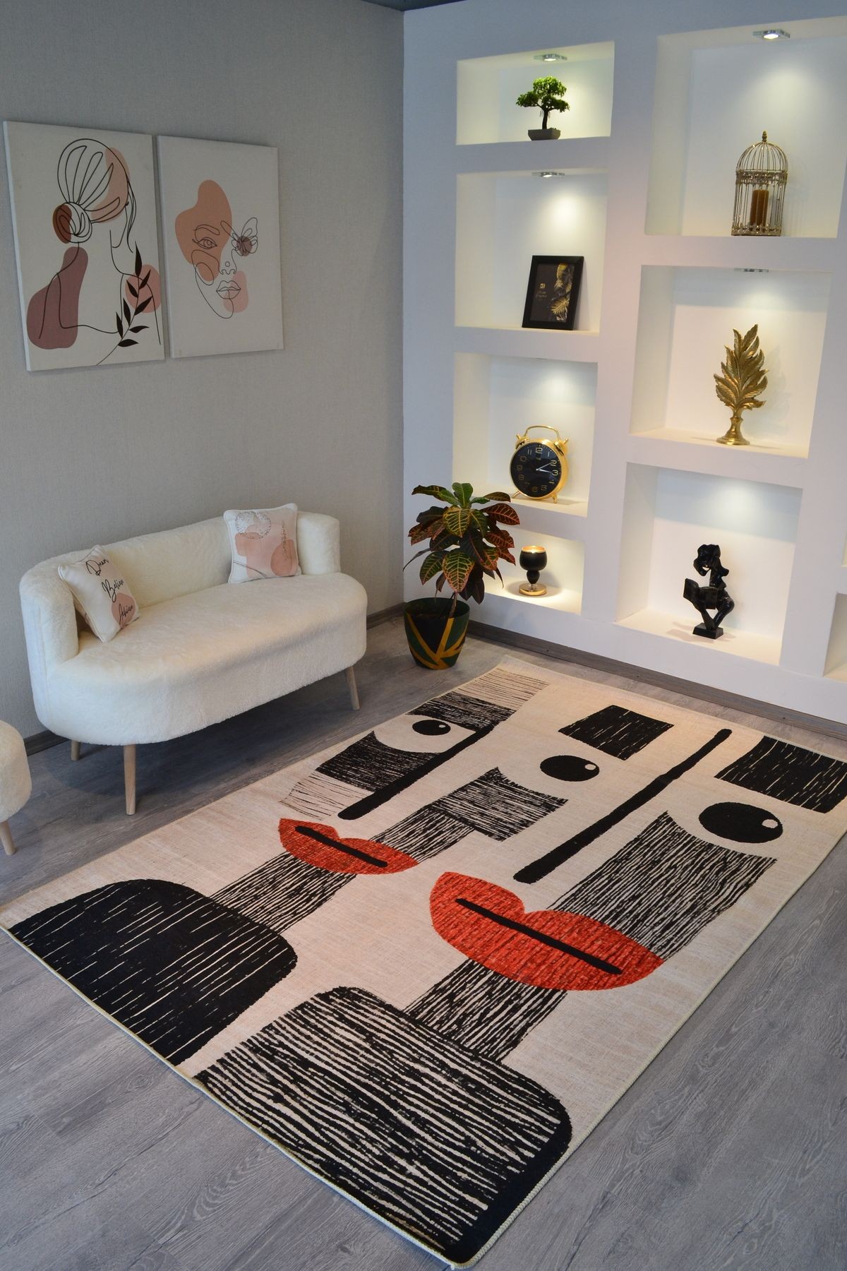Nora Art Bej Siyah Kırmızı Yüz Desenli Dokuma Taban Halı noraart27