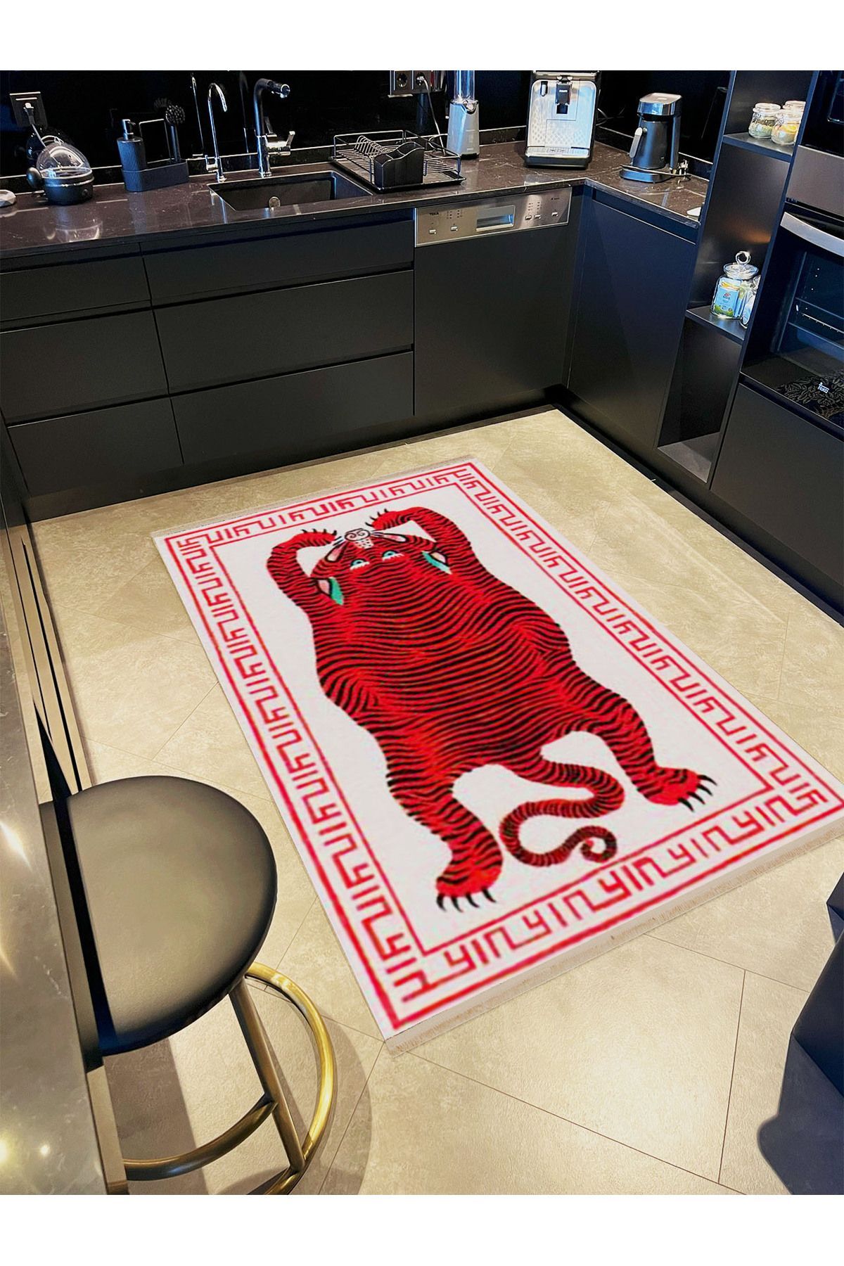 İnci Koleksiyonu Kırmızı Etnik Kaplan Desenli Dokuma Taban Vintage Dekoratif Halı inci09