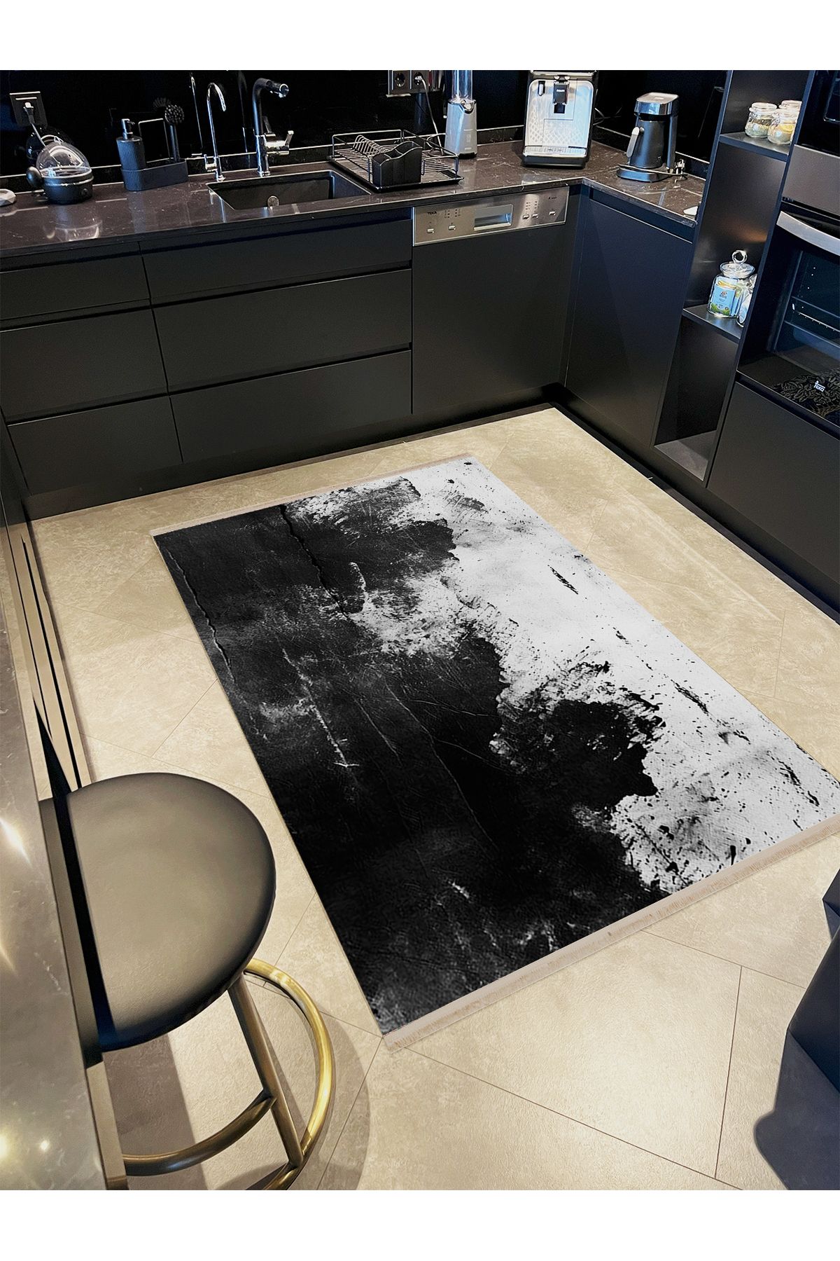 Özge Koleksiyonu Siyah Beyaz Soyut Desenli Dokuma Taban Modern Dekoratif Halı özge46