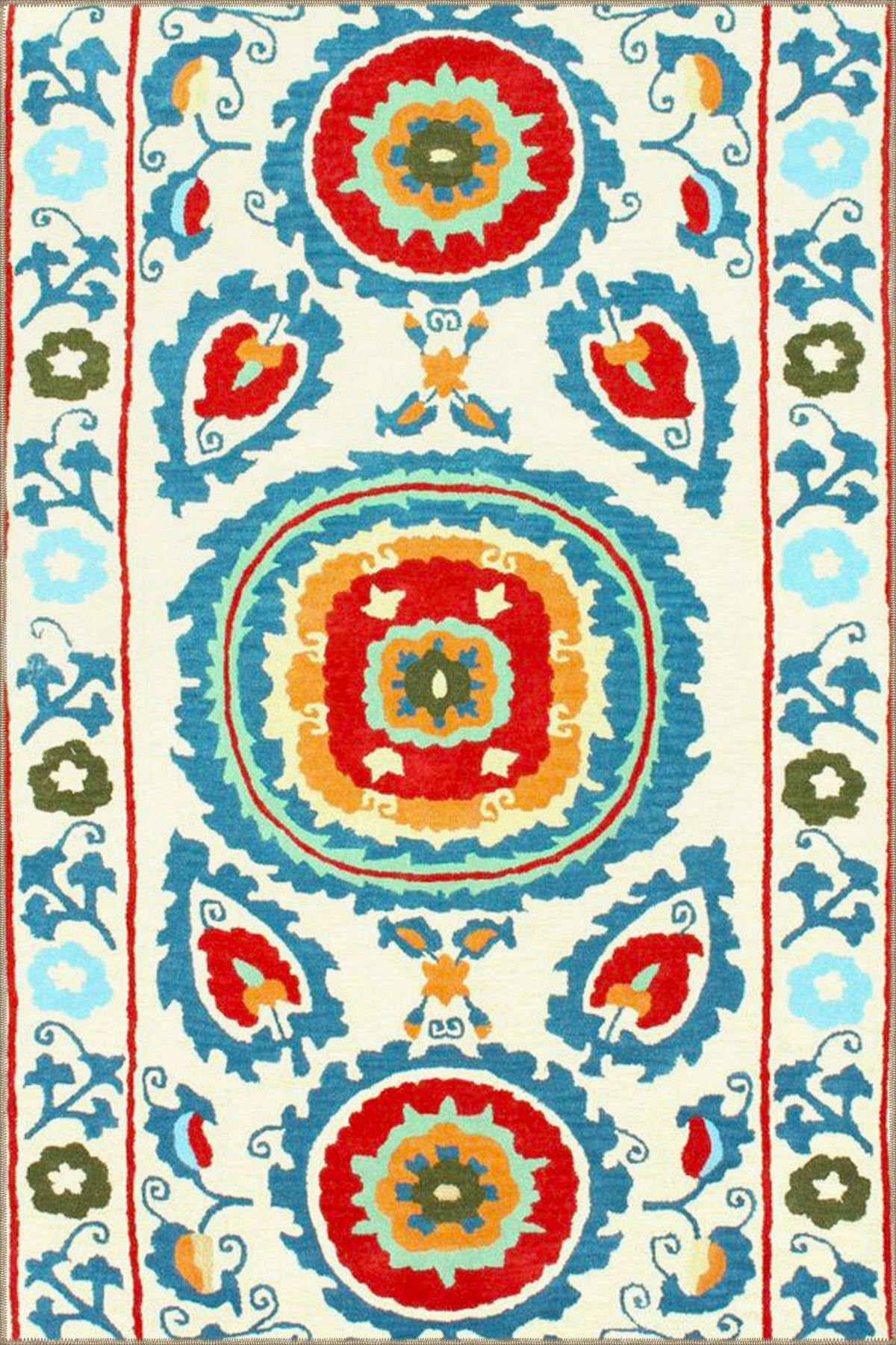 Bordürlü Krem Desenli Renkli Çiçekli Temalı Dokuma Taban Halı ve Yıkanabilir Halı miravip9850