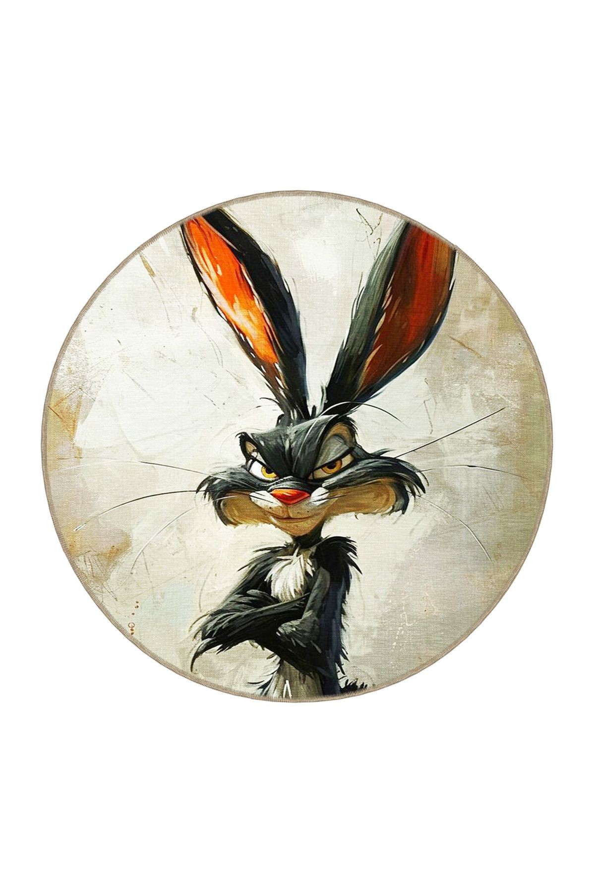 Gri Bej Temalı Sürrealist Tasarım Bugs Bunny Tavşan Desenli Modern Dekoratif Halı 3469