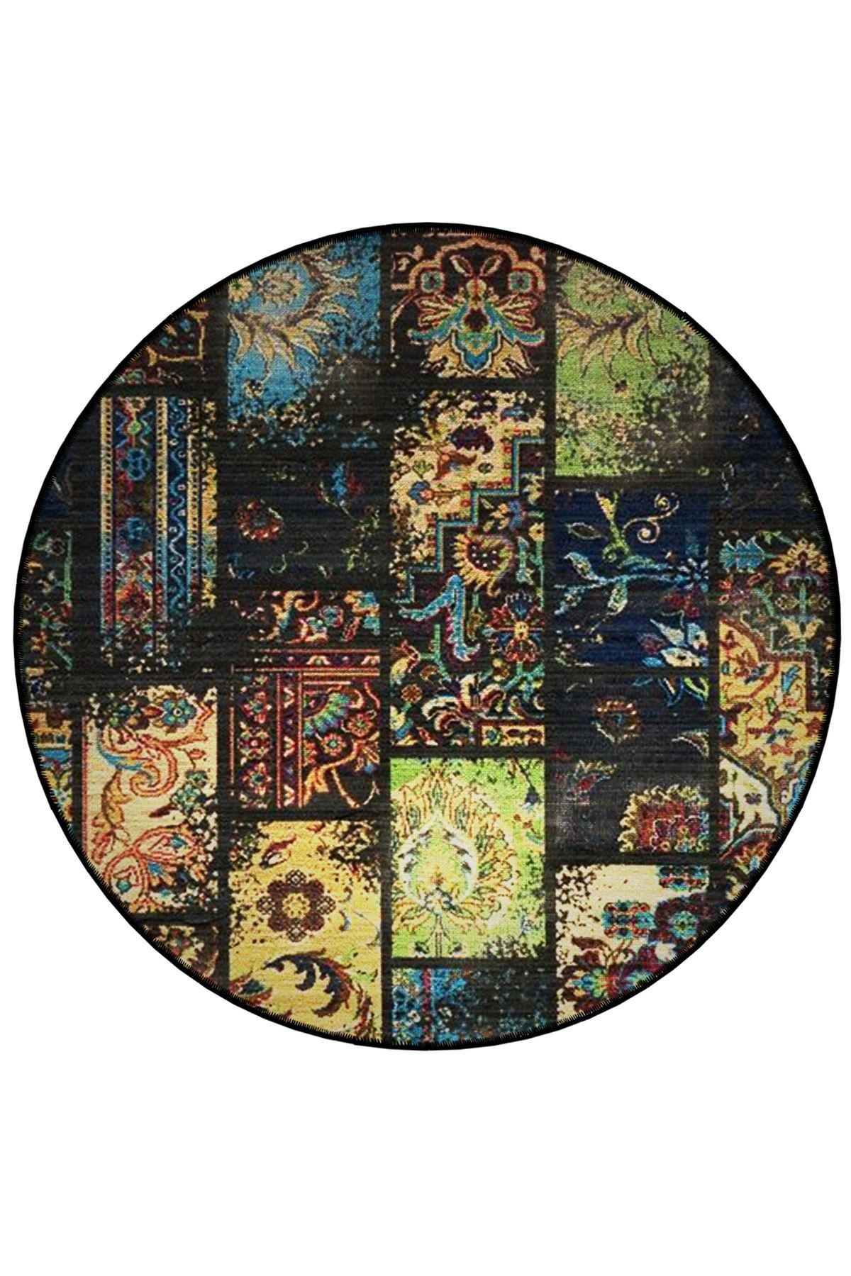 Mira Yuvarlak Çok Renkli Patchwork Detaylı Dokuma Taban Modern Dekoratif Halı 5693