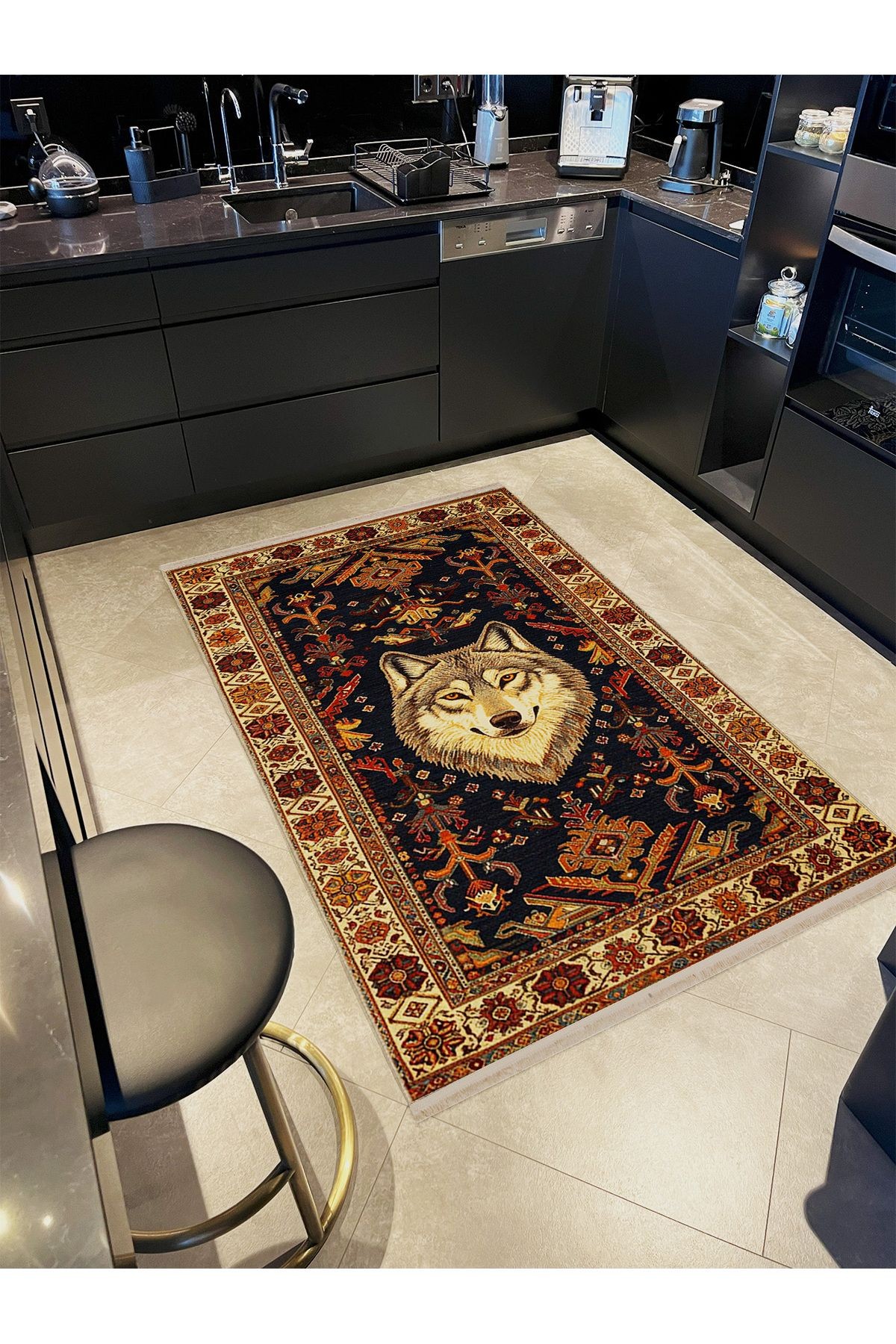 Güneş Koleksiyonu Antik Desenli Kurt Detaylı Dokuma Taban Modern Dekoratif Halı güneş36