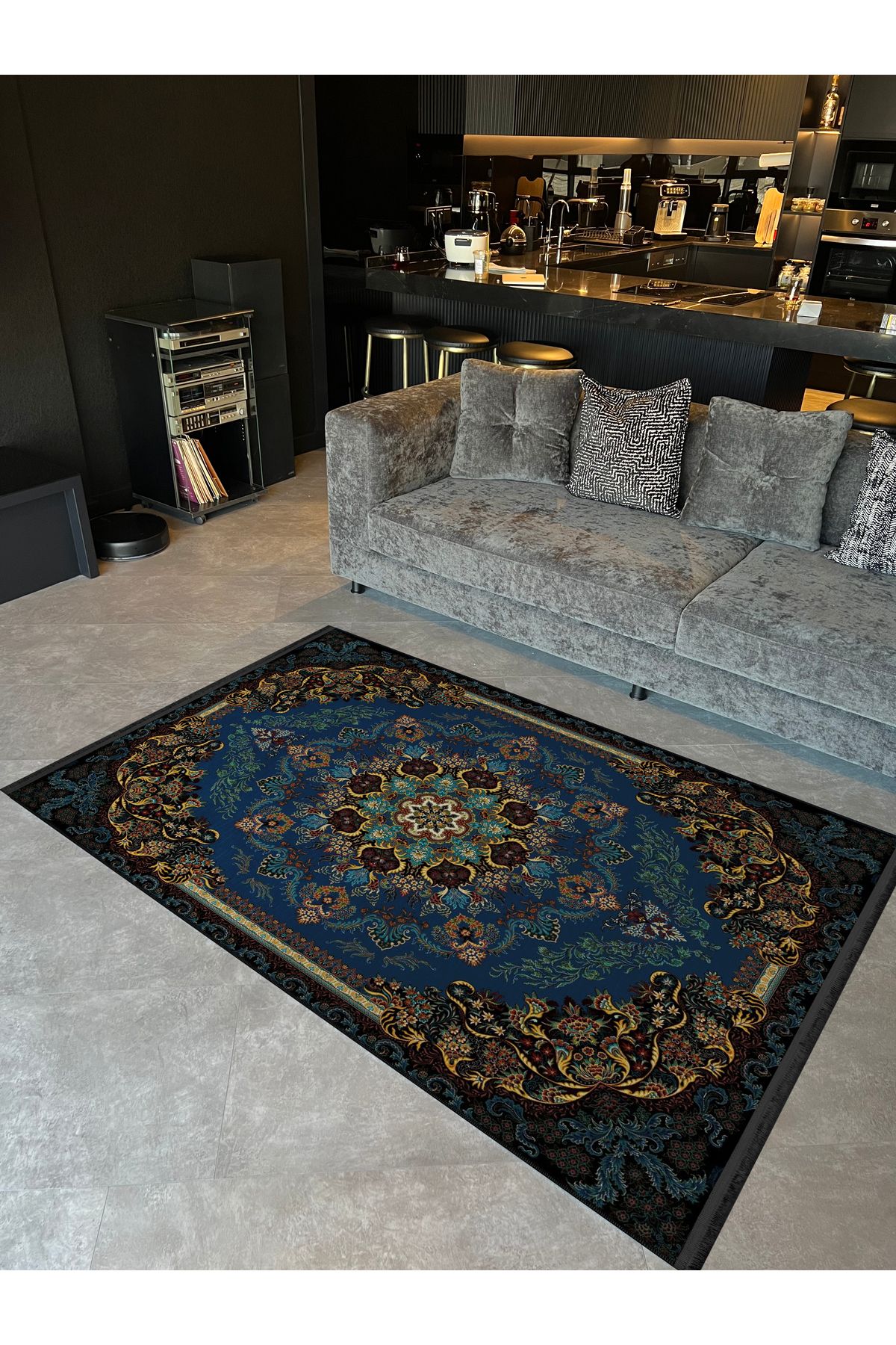 Sarı Çerçeve Detaylı Lacivert Desenli Etnik Serisi Modern Dekoratif Halı etnik21