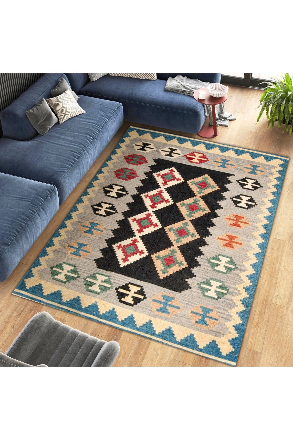 Aysu Koleksiyonu Mavi Bej Etnik Desenli Dokuma Taban Modern Dekoratif Halı aysu32