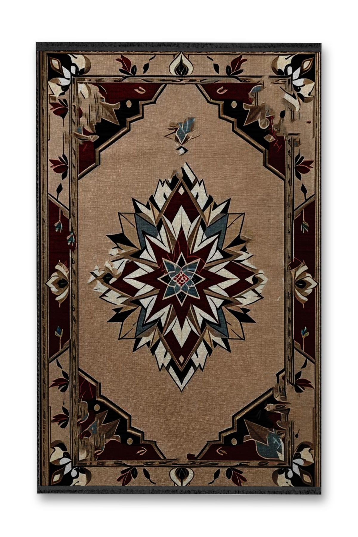 Bej Antik Tasarım Serisi Bordo Detaylı Desenli Vintage Dekoratif Halı antik29