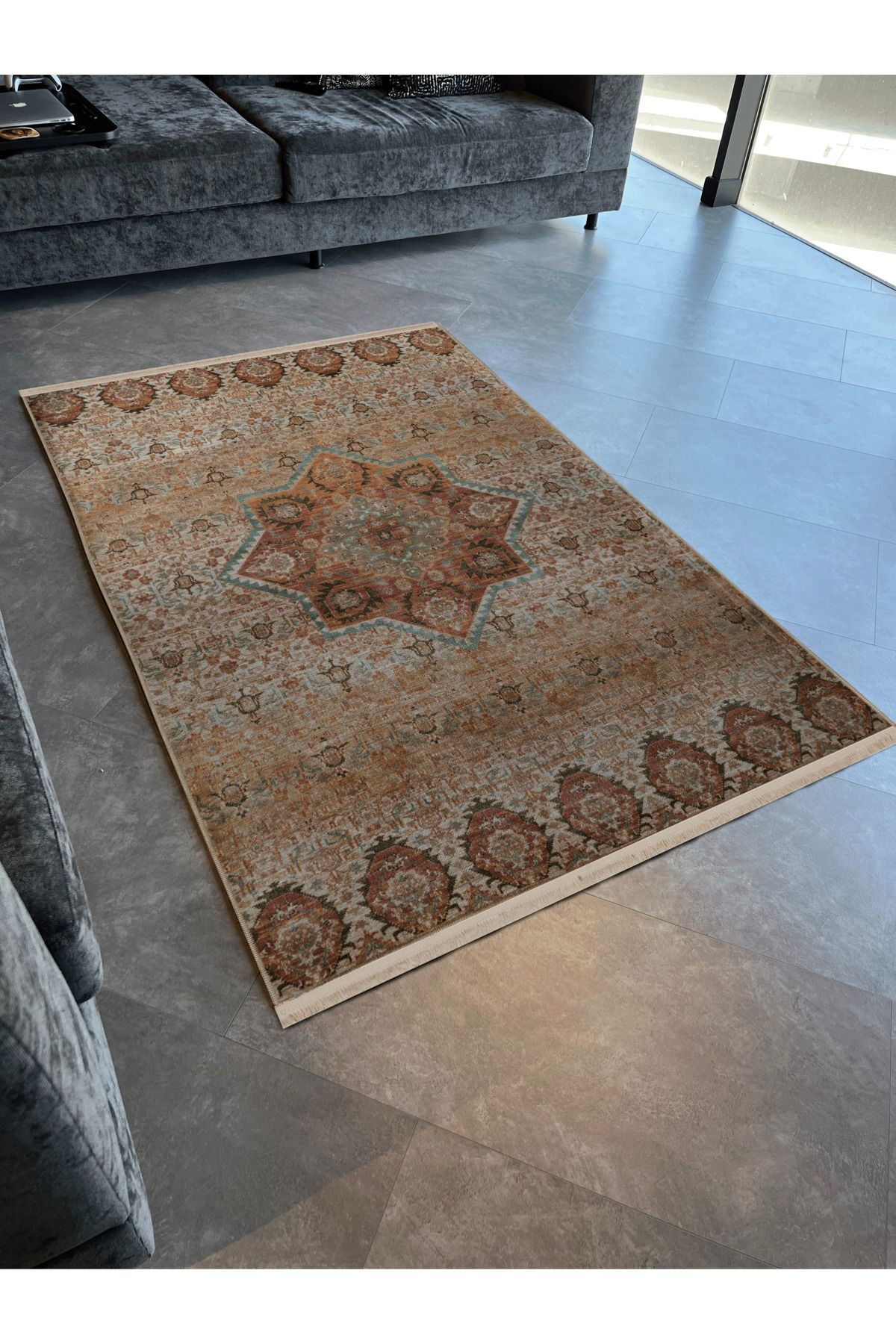 Bej Temalı Motifli Etnik Çiçek Desenli Kreatif Vintage Dekoratif Halı 3029