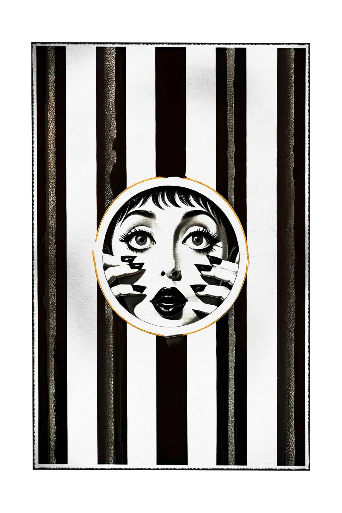 Siyah Beyaz Çizgi Temalı Modern Yüz Desenli Dokuma Taban Halı ve Yıkanabilir Halı miraface01