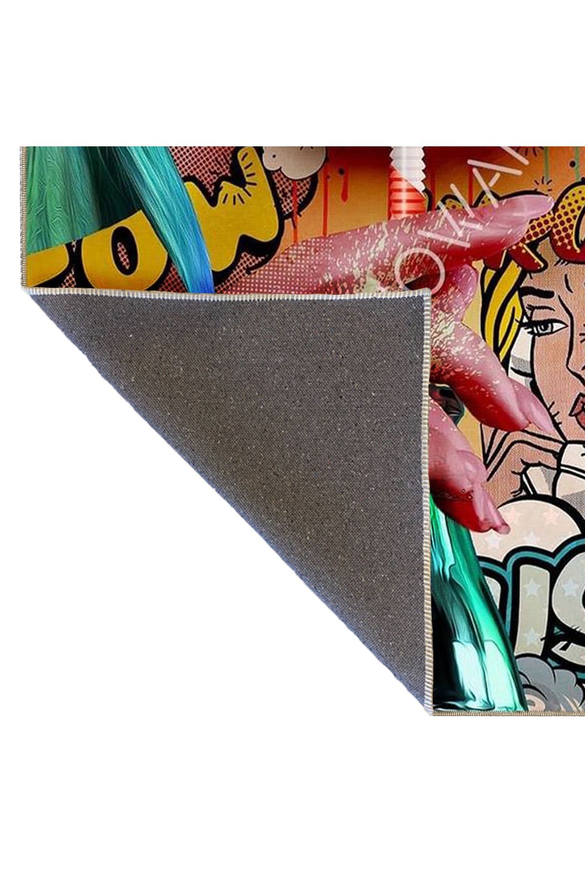 Çizgi Roman Temalı Çok Renkli Retro Tasarım Kadın Yüzü Desenli Modern Dekoratif Halı 4985