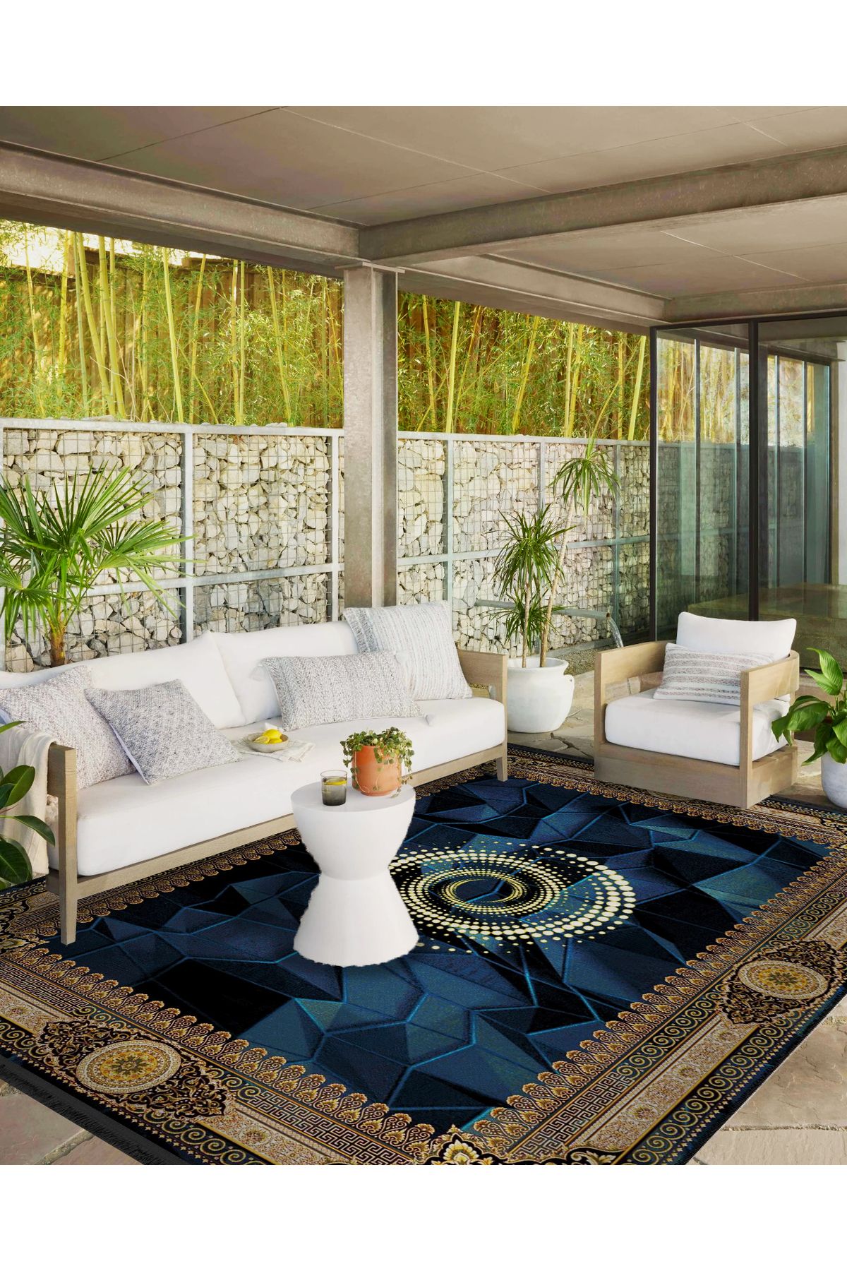 Sarı Bordür Detaylı Desenli Lacivert Şekilli Antik Tasarım Serisi Dekoratif Halı antik162