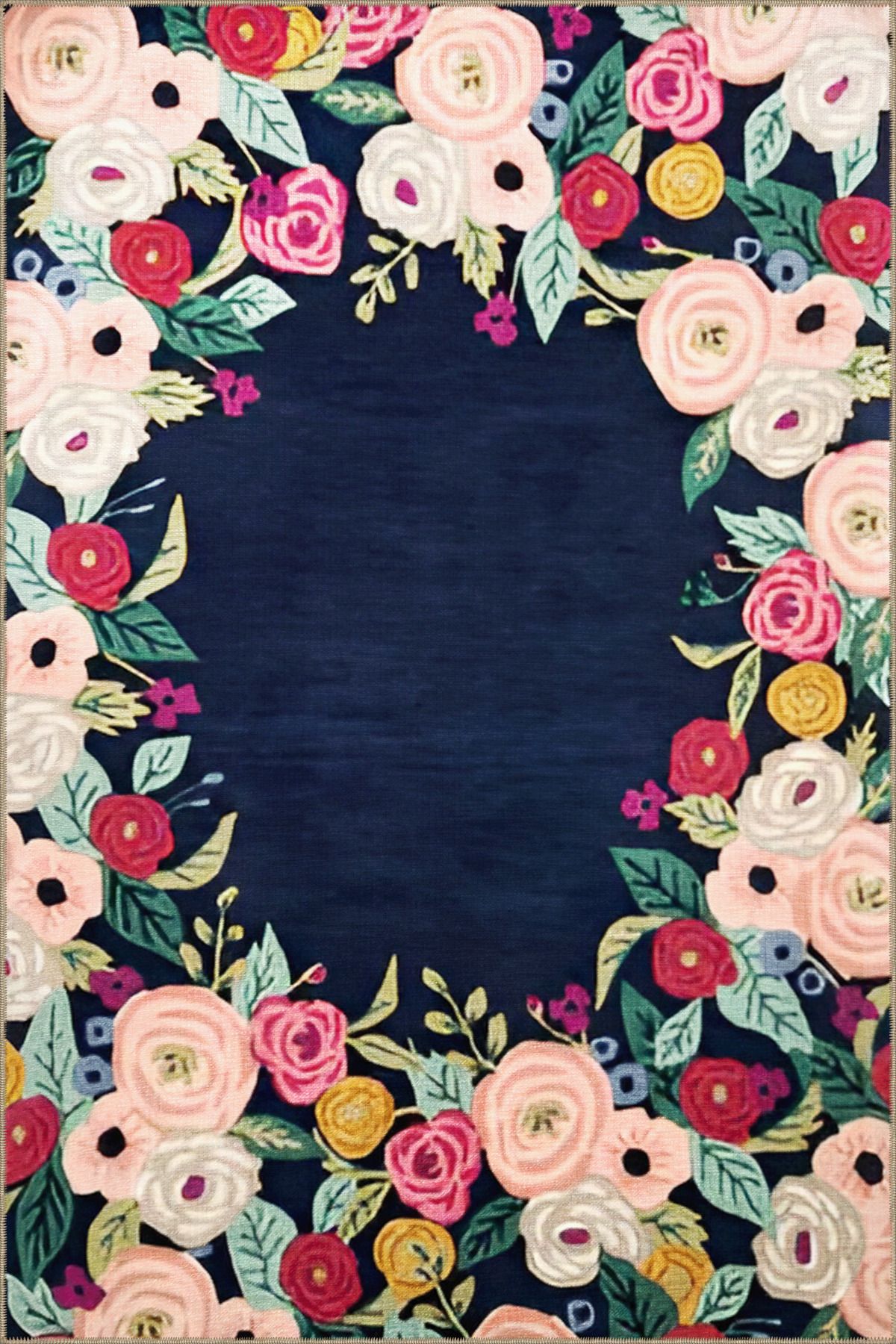 Lacivert Temalı Çok Renkli Ortası Boş Çiçek Gül Desenli Modern Dekoratif Halı 1696