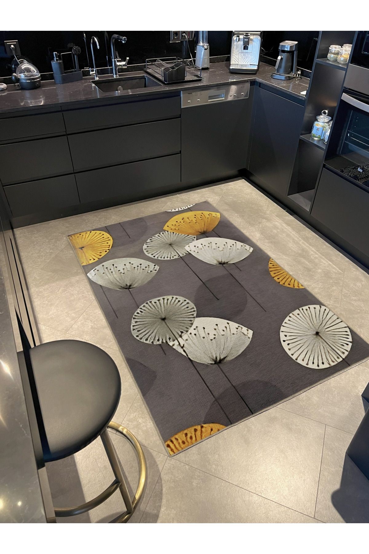 Gri Sarı Temalı Karahindiba Çiçek Temalı Kreatif Modern Dekoratif Halı 2173