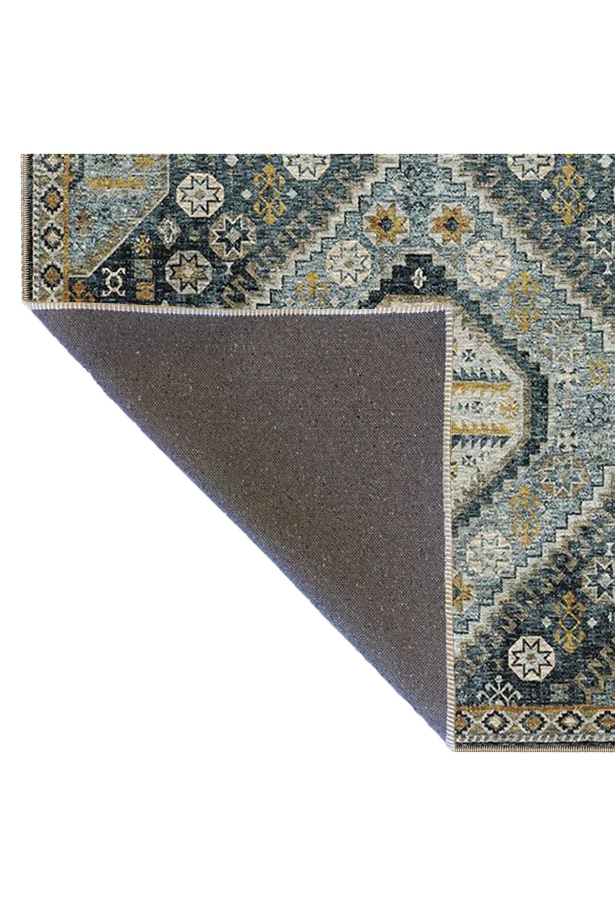 Mavi Sarı Ton Geleneksel Motif Etnik Desenli Vintage Dekoratif Halı 3976