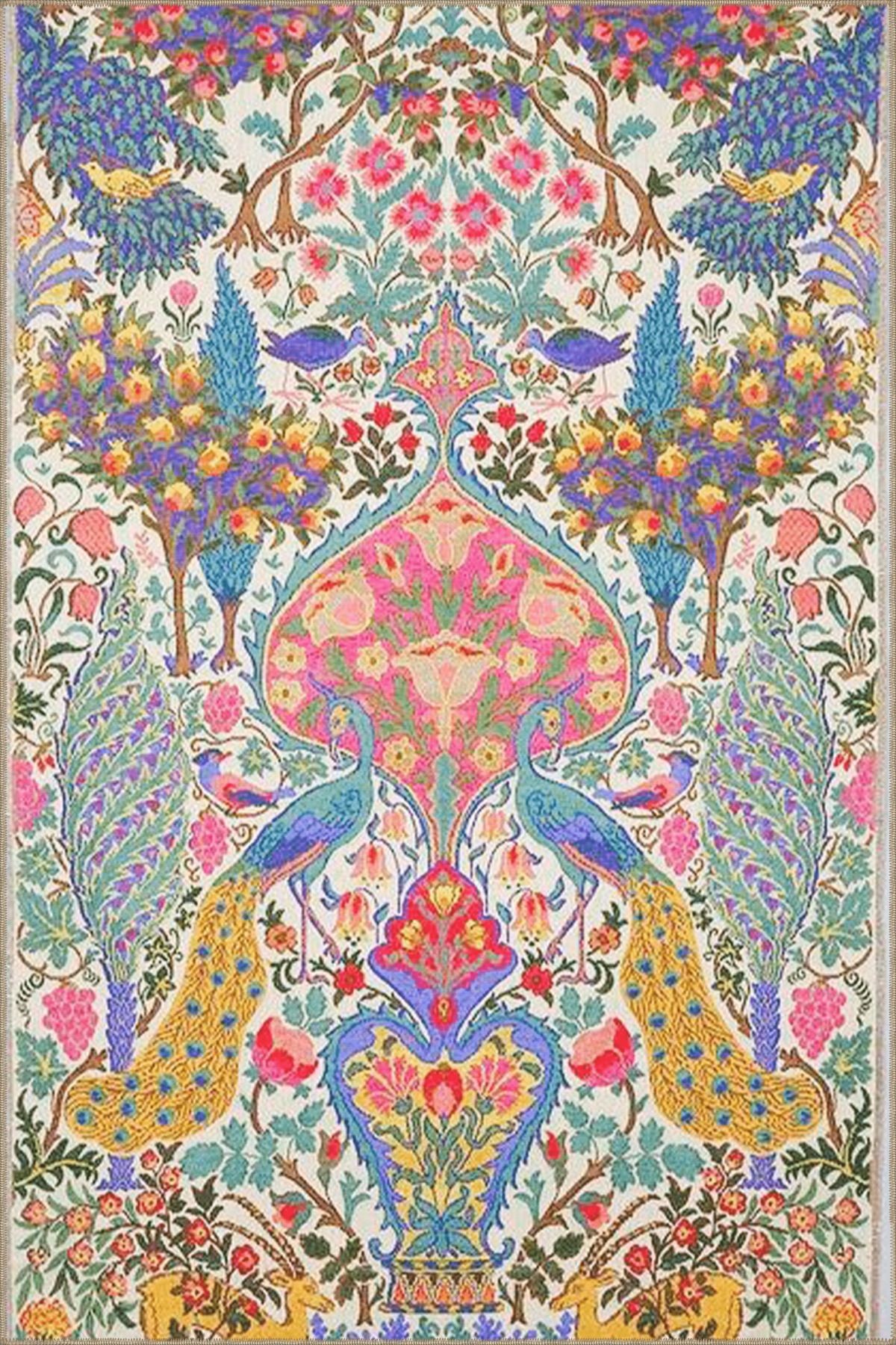 Floral Temalı Çok Renkli Karma Çiçek ve Tavus Kuşu Desenli Modern Dekoratif Halı 4922