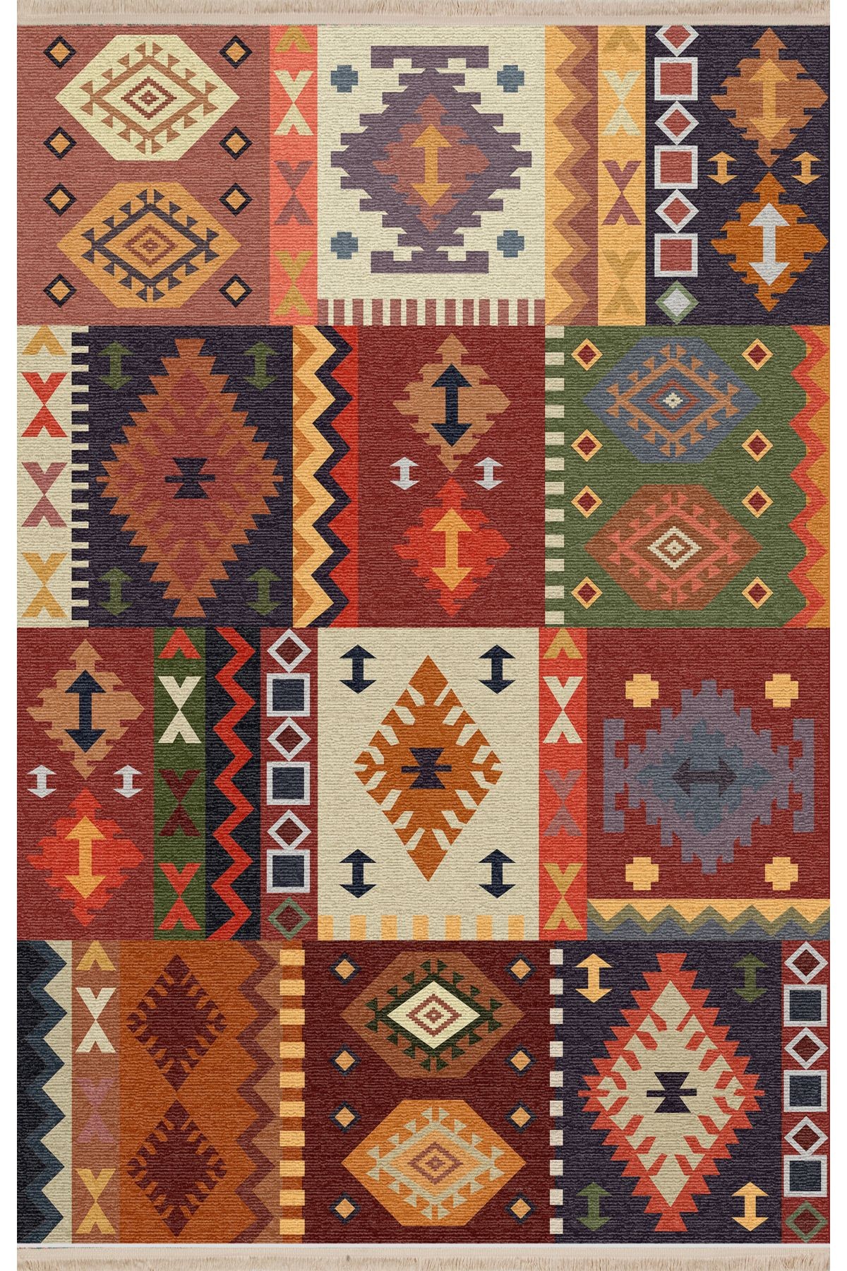 Mira Çok Renkli Kare Geleneksel Motif Etnik Desenli Vintage Dekoratif Halı Mira 1613