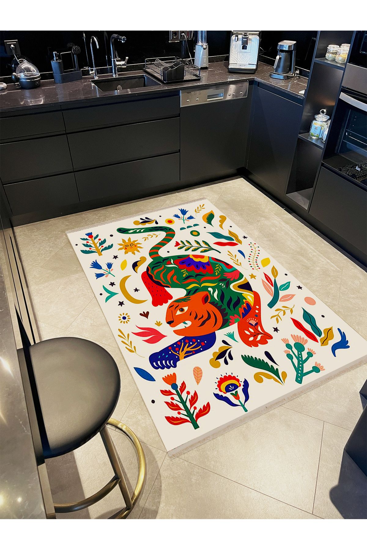 Özge Koleksiyonu Çok Renkli Güneş Kaplan Çiçek Desenli Dokuma Taban Modern Dekoratif Halı özge51